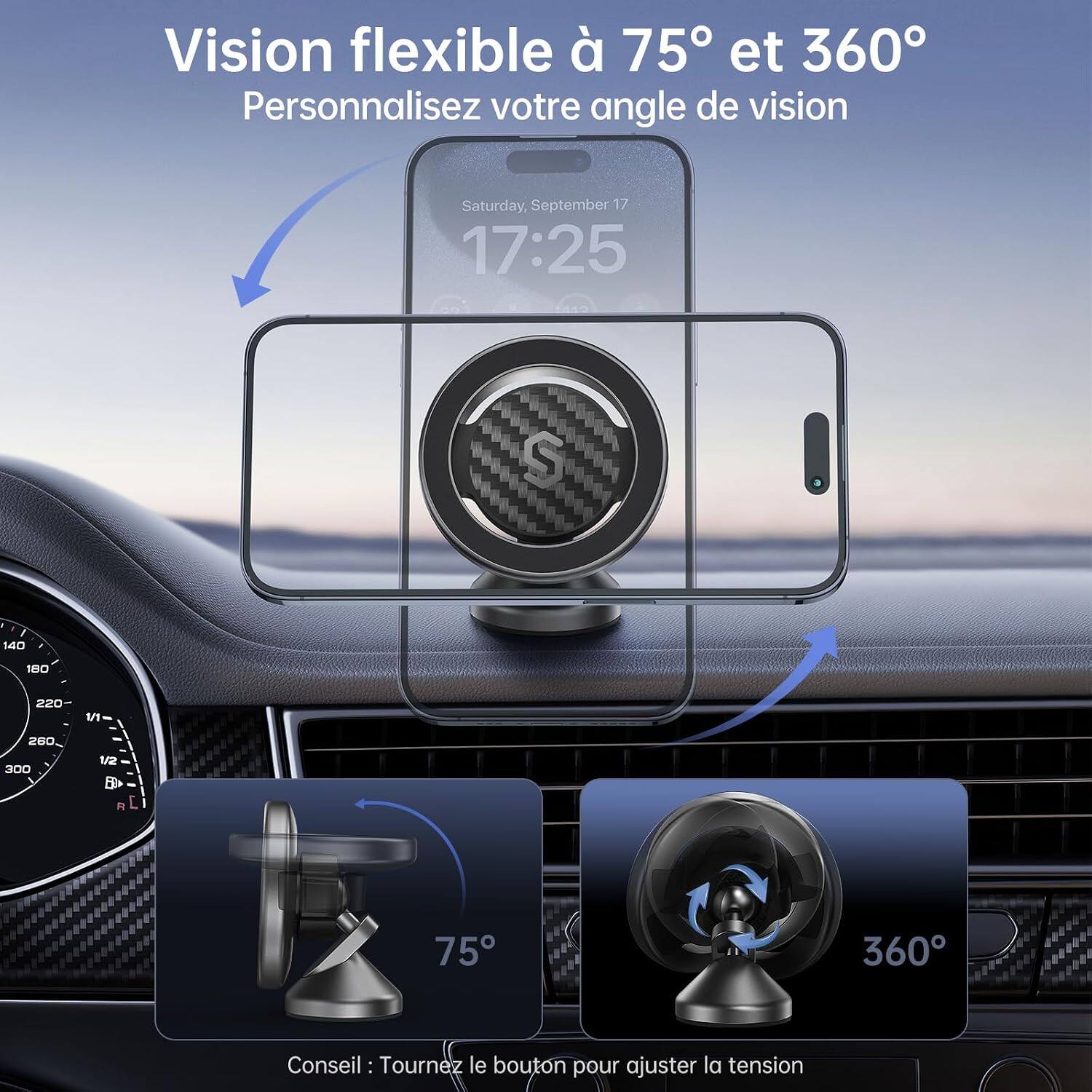 Vision flexible à 75° et 360°  
Personnalisez votre angle de vision

Saturday, September 17  
17:25

140  
180  
220  
260  
300

1/1  
1/2  
E>>  
R

Conseil : Tournez le bouton pour ajuster la tension