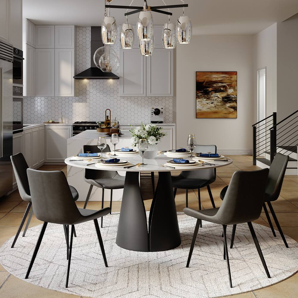 Angle. POVISON - 59" Modern Round White Dining Table for 6, Glossy Sintered Stone Tabletop, Solid Black Carbon Steel Pedestal Base - Glossy White Sintered Stone & Black Steel Base.