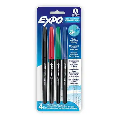 Expo Ultra Fine
Semi-Permanent
Water Activated Erasing
Effacement Par L'eau
Borrado Activado Con el Agua
Permanent Until You Want it Gone
Permanente Aussi Longtemps que Vous le Souhaitez
Tan Duradero Como Desees
Wet Erase Markers
Marqueurs Effacables
Marcadores de Borrado Humedo