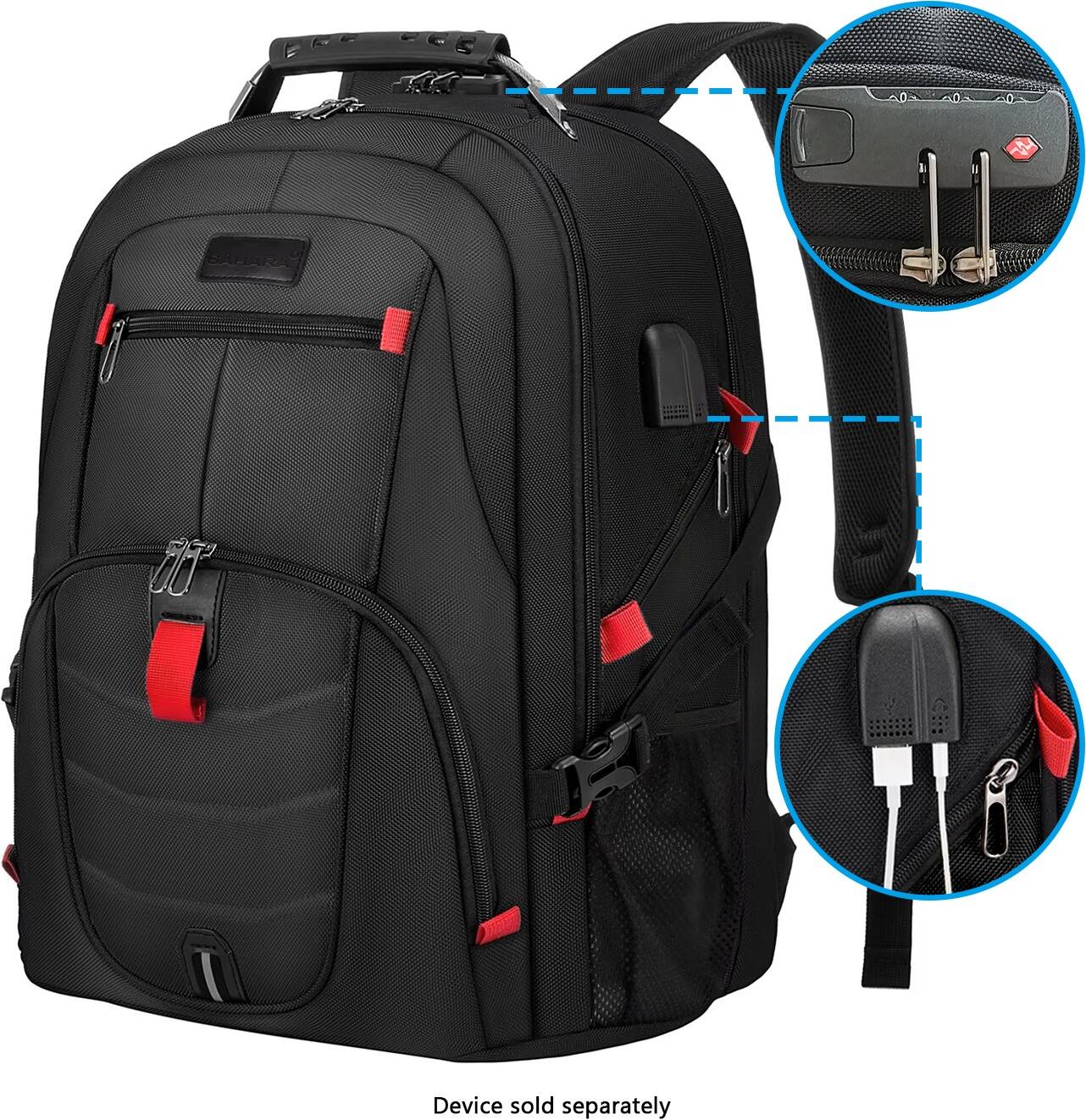 The image features a black backpack with a red zipper. The backpack is described as having a device that is sold separately. The backpack is also shown with its contents, including a charger and a wallet.