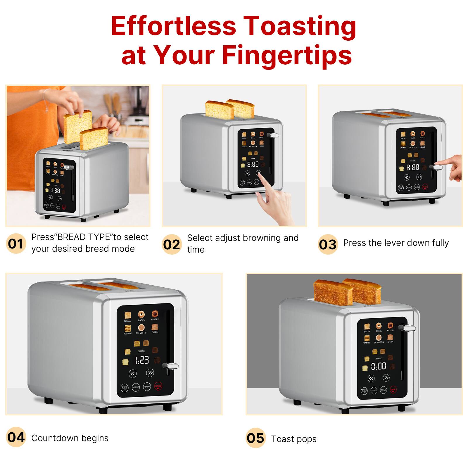 Effortless Toasting at Your Fingertips

1. Press "BREAD TYPE" to select your desired bread mode
2. Select adjust browning and time
3. Press the lever down fully
4. Countdown begins
5. Toast pops