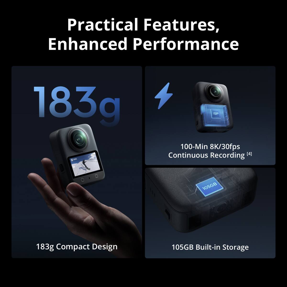 Practical Features, Enhanced Performance

183g Compact Design

100-Min 8K/30fps Continuous Recording [4]

105GB Built-in Storage