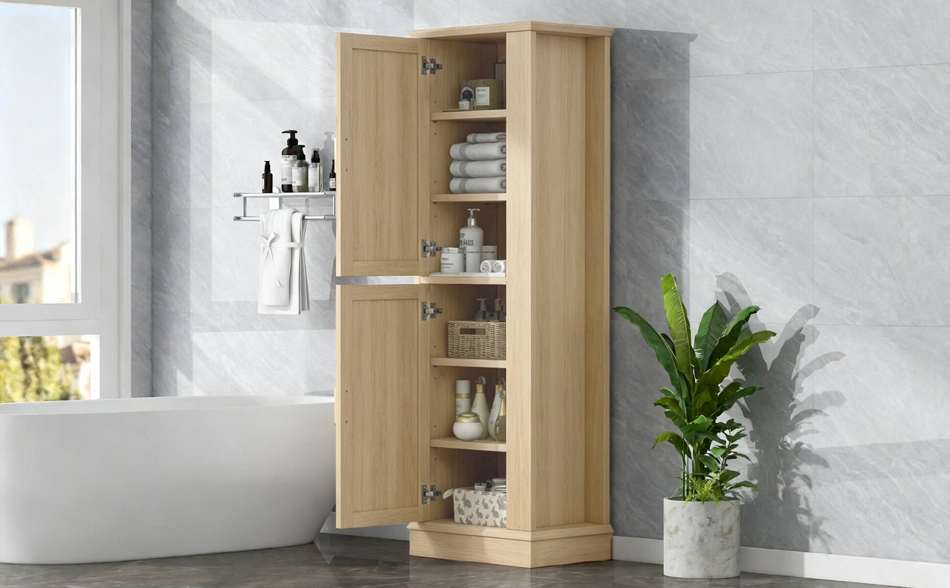 Angle. Loheer - Loheer Tall Bathroom Storage Cabinet Freestanding Organizer with Adjustable Shelves and Hooks Natural MDF - Natural.