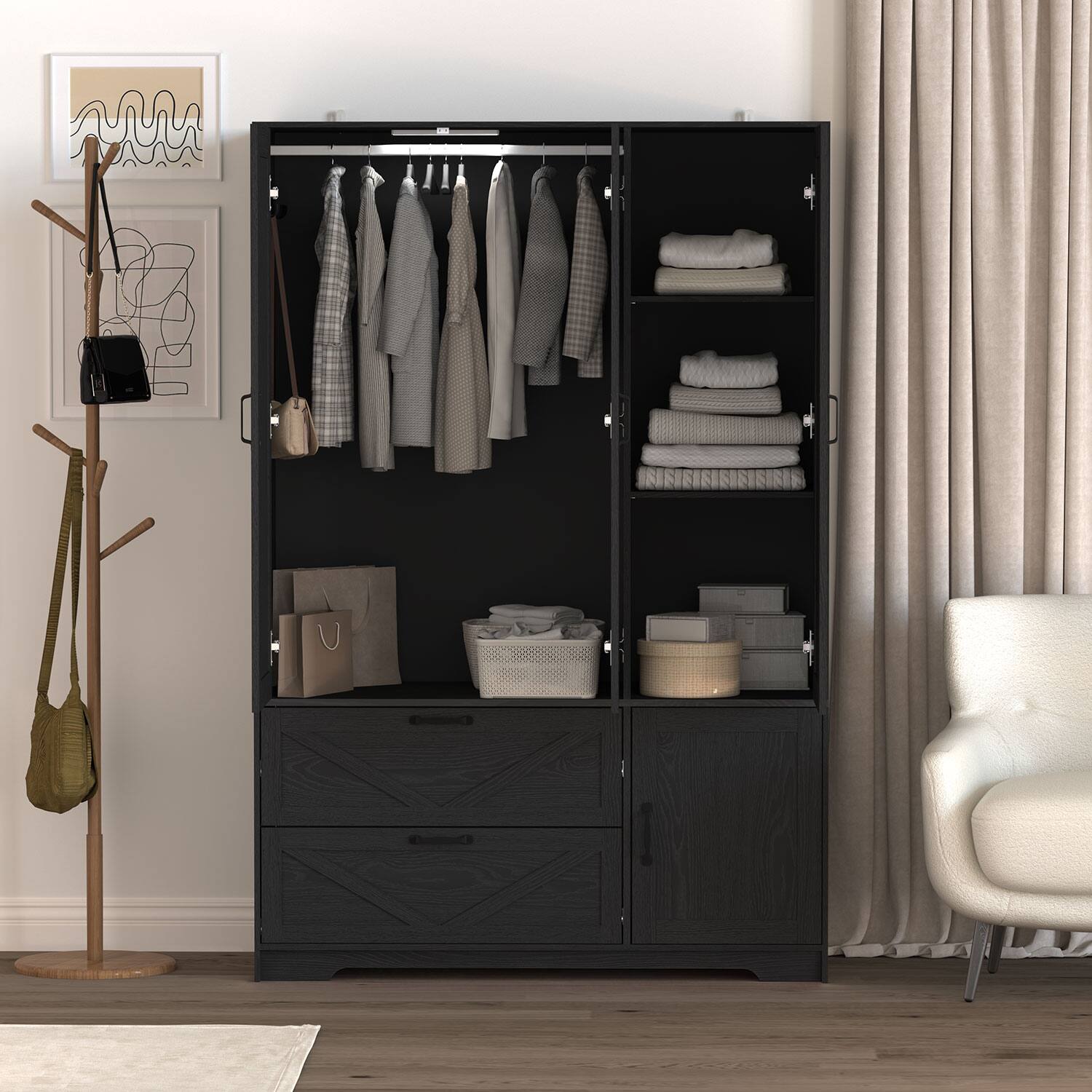 Alt View 2. MERAVOM - Wardrobe Closet with Mirror, 4 Doors and 2 Drawers, Wooden Wardrobe Storage Cabinet with Hanging Rod, Adjustable Shelves - Black.