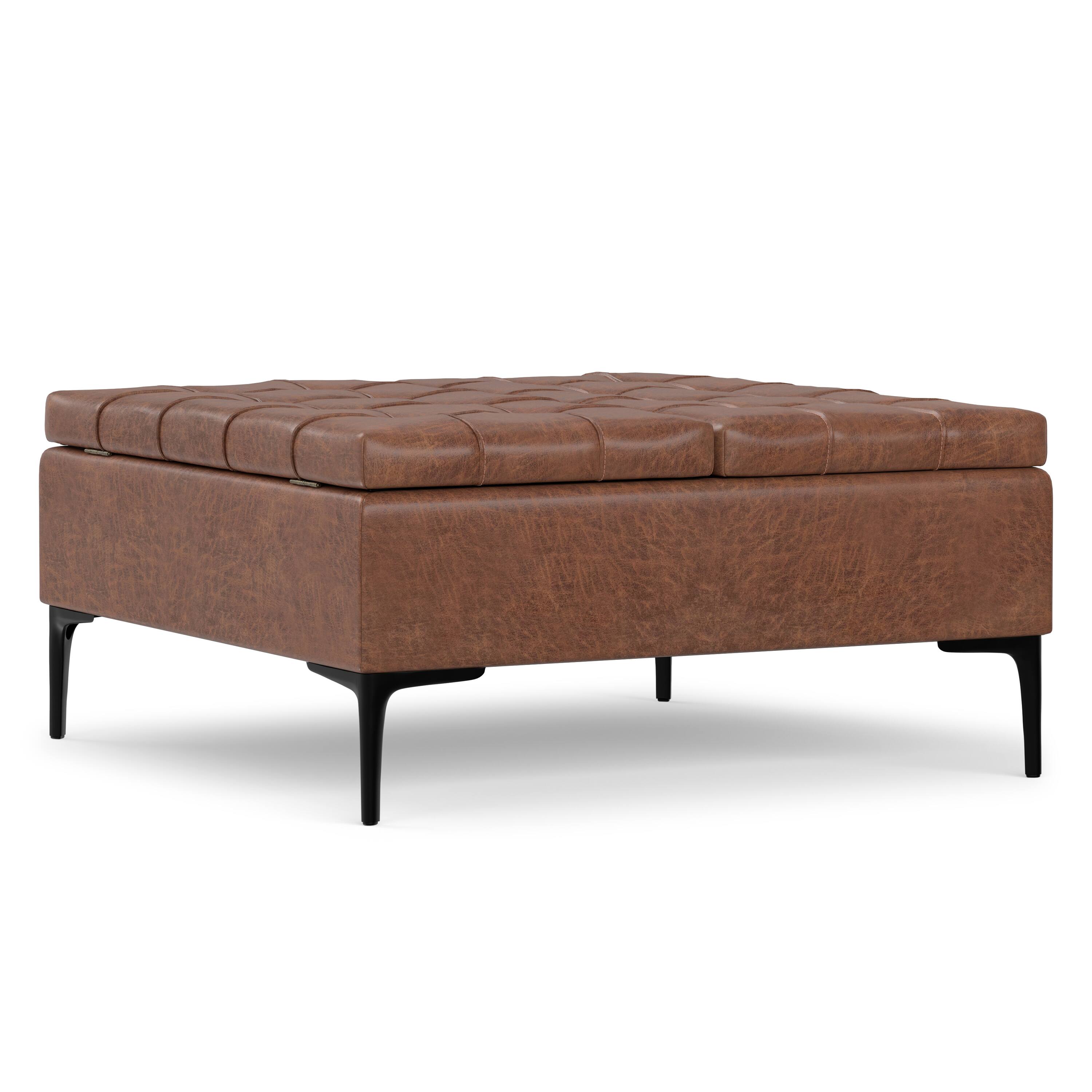 Alt View 4. Simpli Home - Laura 36 inch Wide Mid Century Square Lift Top Storage Ottoman in Distressed Saddle Brown  Vegan Faux Leather, Assembled - Distressed Saddle Brown.