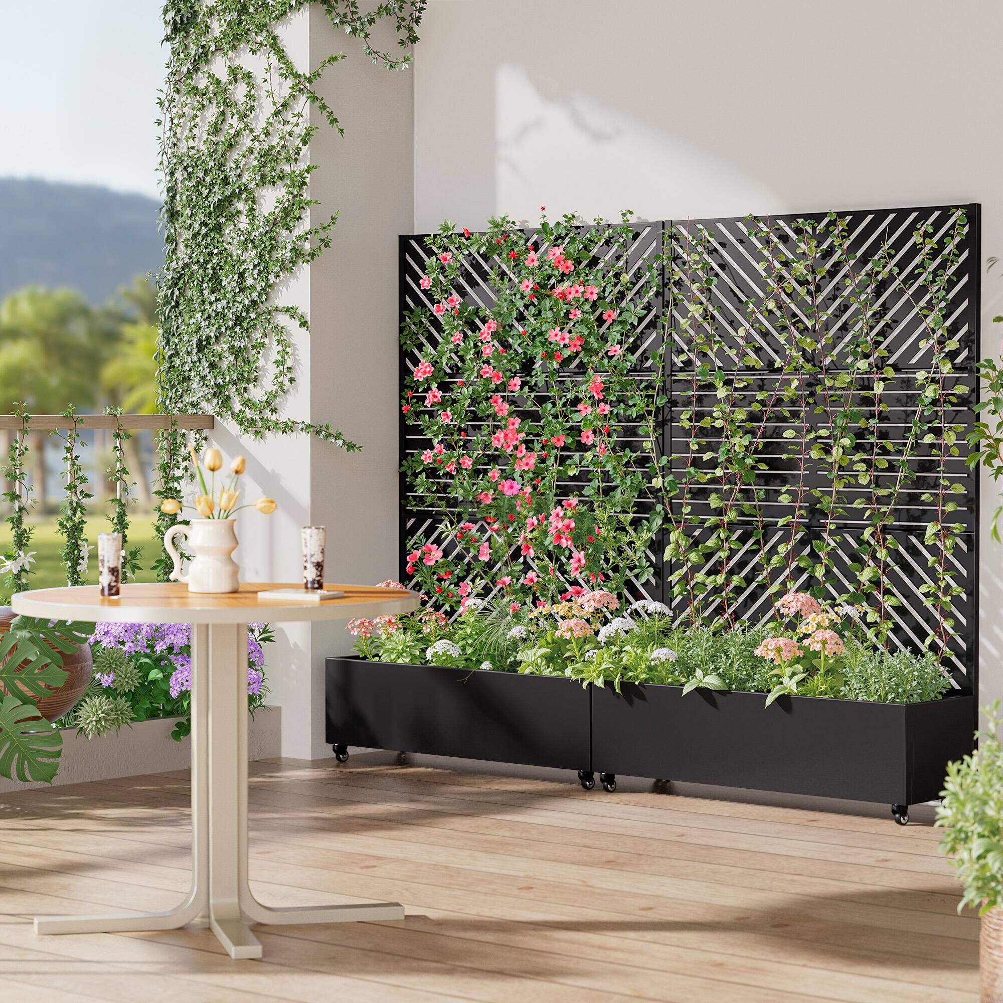 Alt View 3. PexFix - 72 in. H x 47 in. W Parared Pattern Rectangle Metal Planter Box Raised Garden Beds with Trellis-Ideal for Balcony - Black.