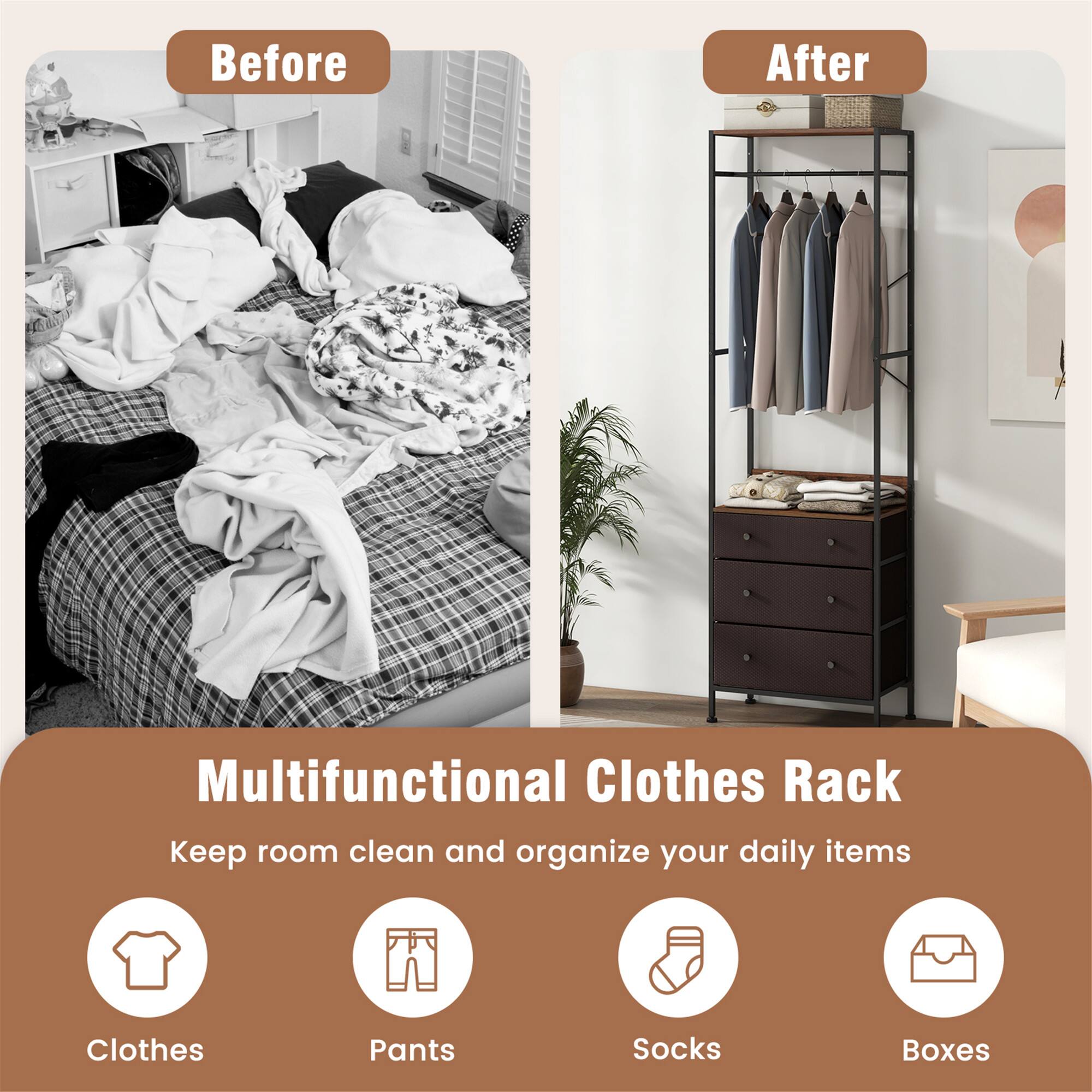 Before After Multifunctional Clothes Rack Keep room clean and organize your daily items Clothes Pants Socks Boxes