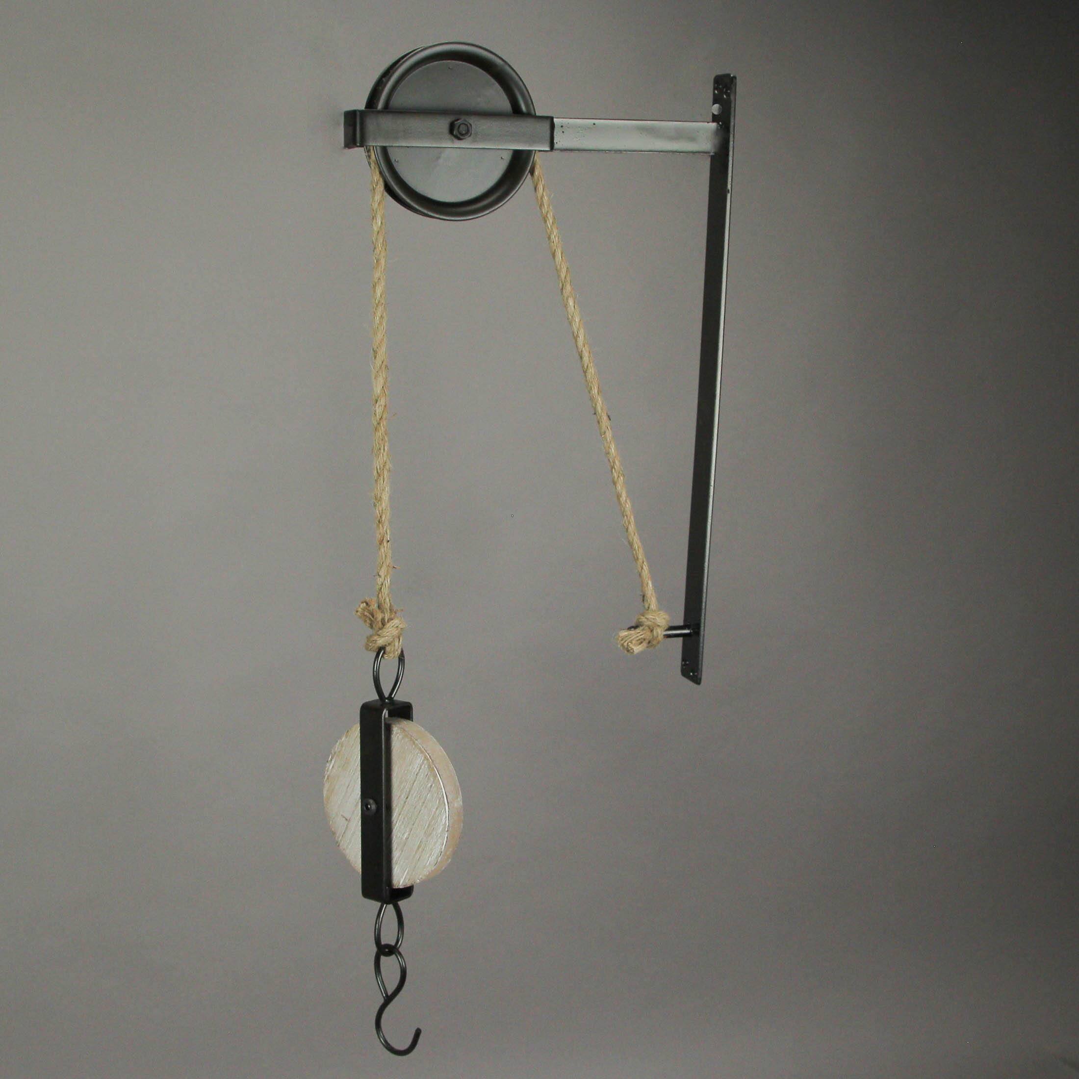 Alt View 3. Zeckos - Rustic Vintage Style Metal and Wood Pulley and Hook Wall Hanging - Black.