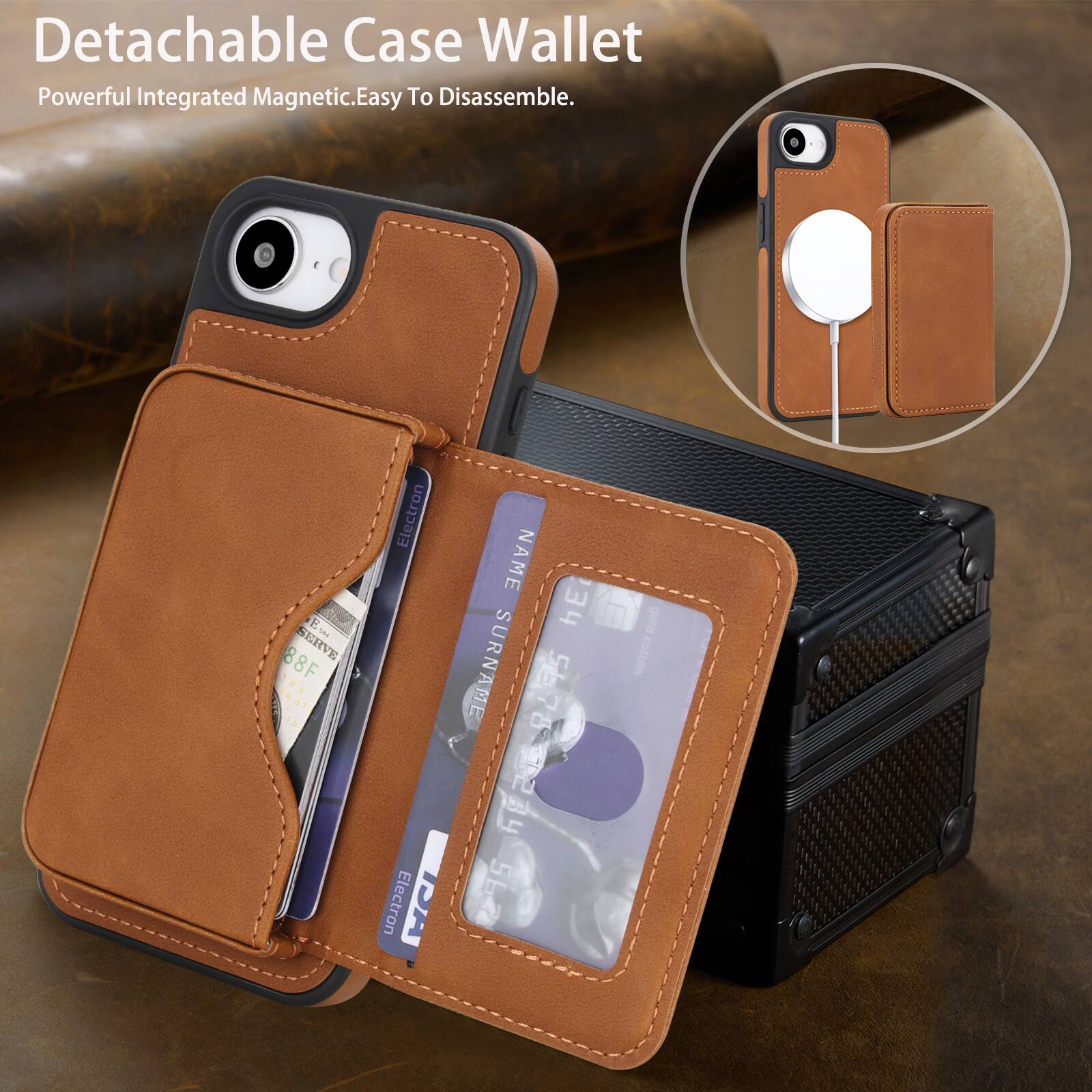 Detachable Case Wallet  
Powerful Integrated Magnetic. Easy To Disassemble.  

E: M SERVE 88F  
NAME: hE  
SURNAME: 578  
By Electron  
UP 295  
gold cotton