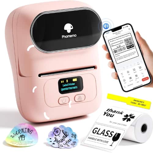 Phomemo - M110 Bluetooth Thermal Label Printer, Mini Barcode & Sticker Label Maker for Home, Office & Small Business, Pink