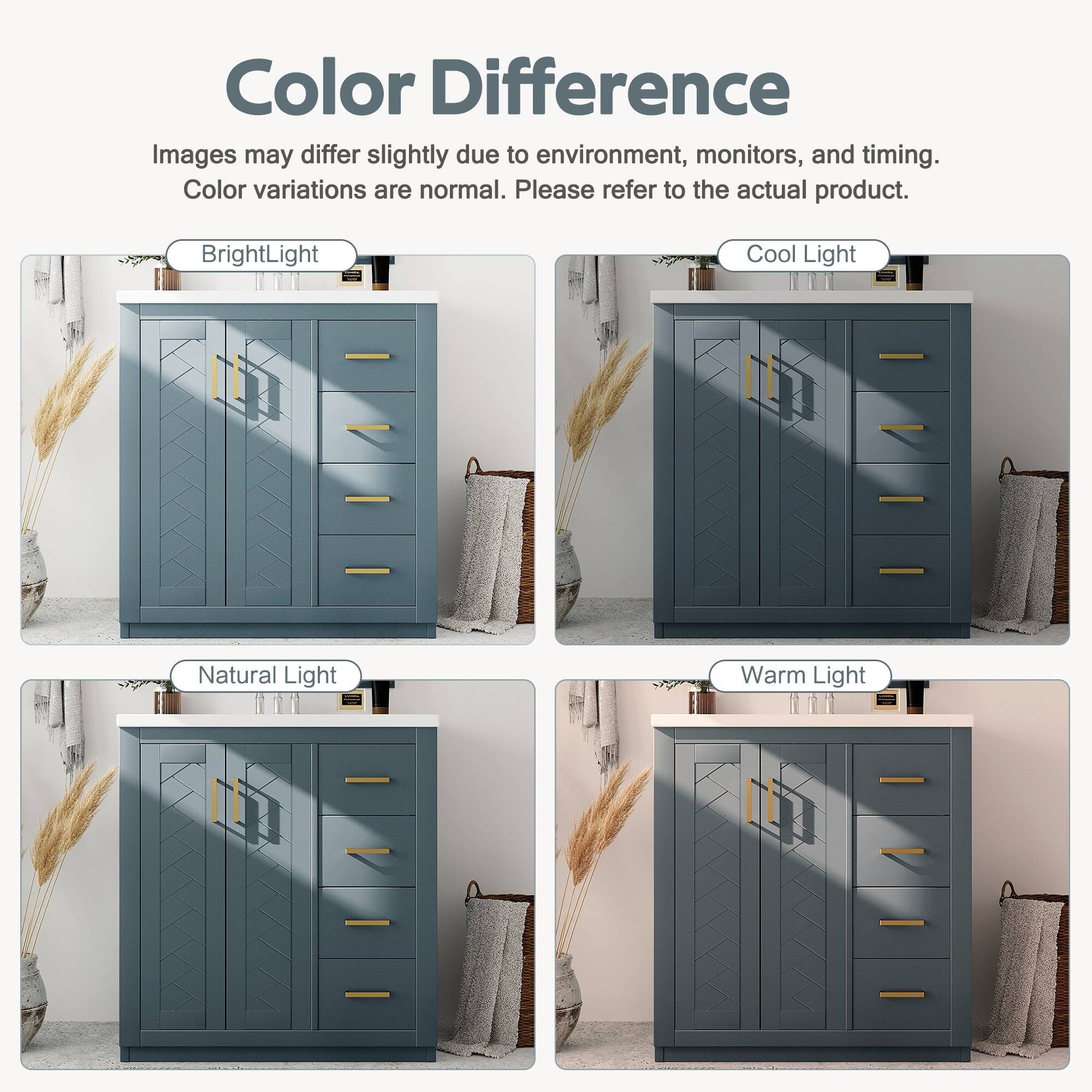 Color Difference  
Images may differ slightly due to environment, monitors, and timing.  
Color variations are normal. Please refer to the actual product.  

Bright Light  
Cool Light  
Natural Light  
Warm Light