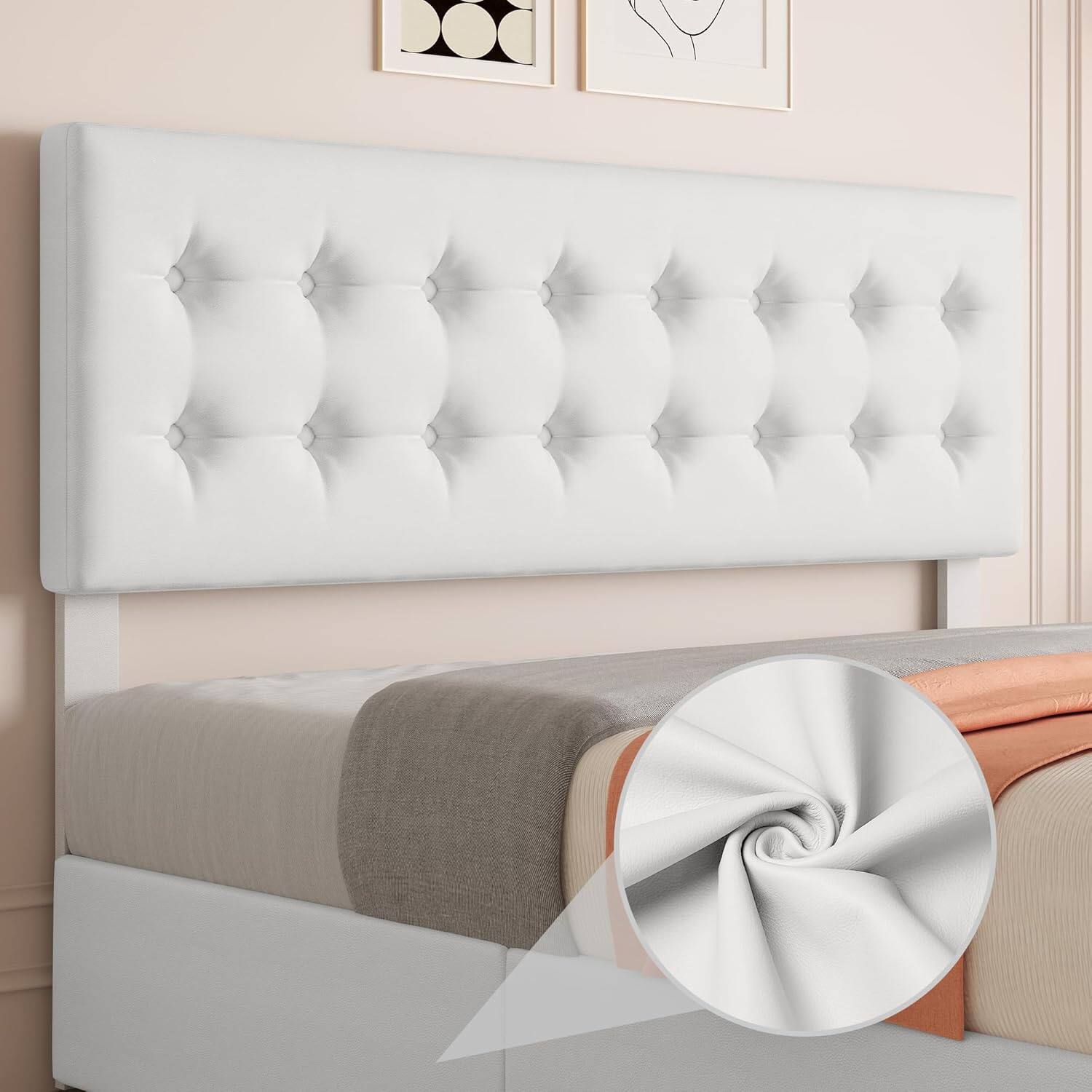 Left. Jojoka - King Size Bed Frame with 4 Storage Drawers, Faux Leather Upholstered Platform Bed, Adjustable Headboard, White - White.