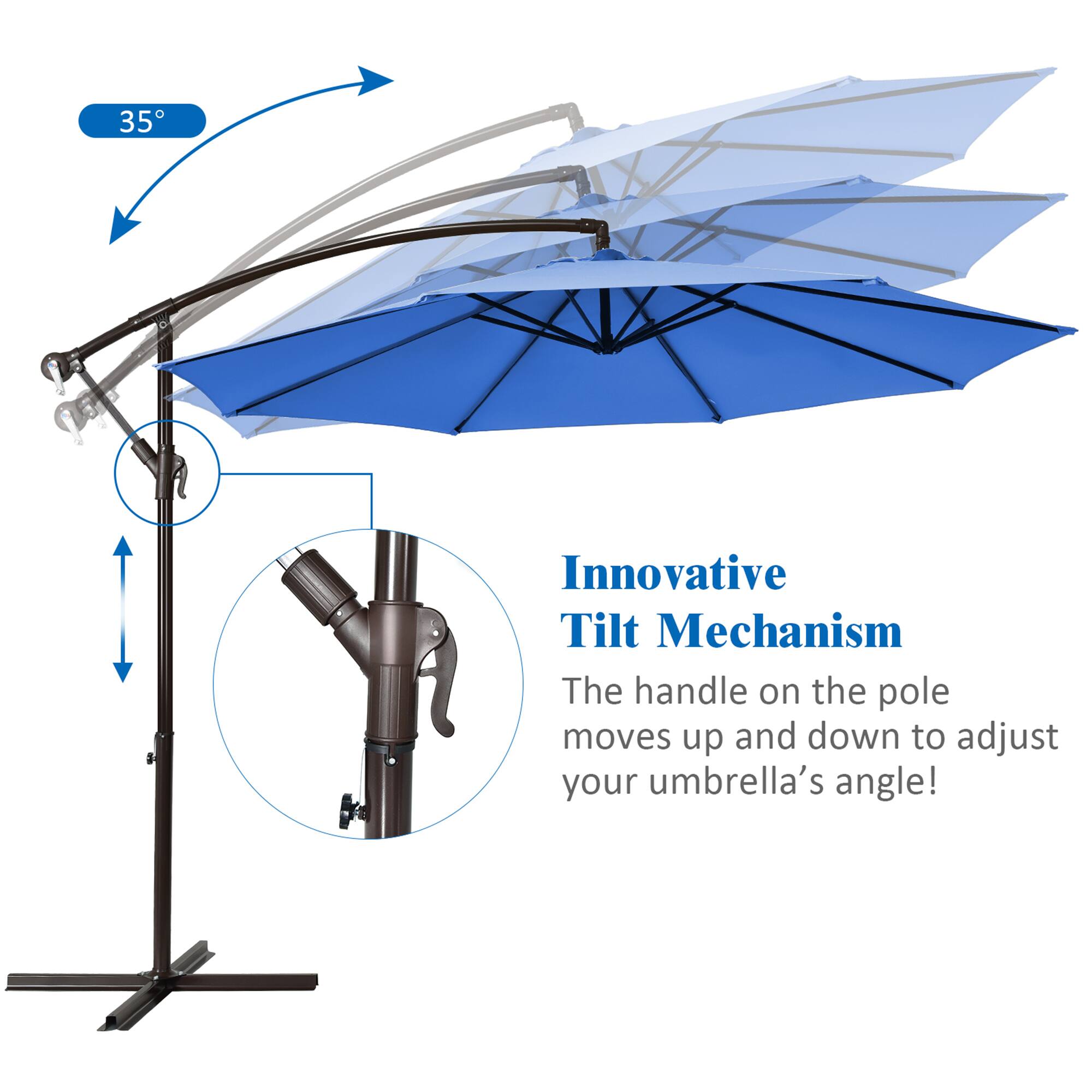 35°, Innovative Tilt Mechanism, The handle on the pole moves up and down to adjust your umbrella's angle!