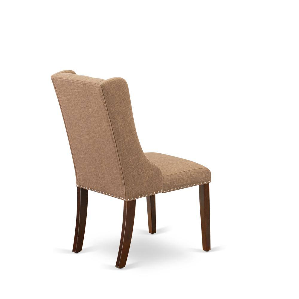 Alt View 3. East West Furniture - Light Sable Linen Fabric Parson Dining Chairs and Button Tufted Back with Mahogany Rubber Wood Legs, Set of 2 - Brown.