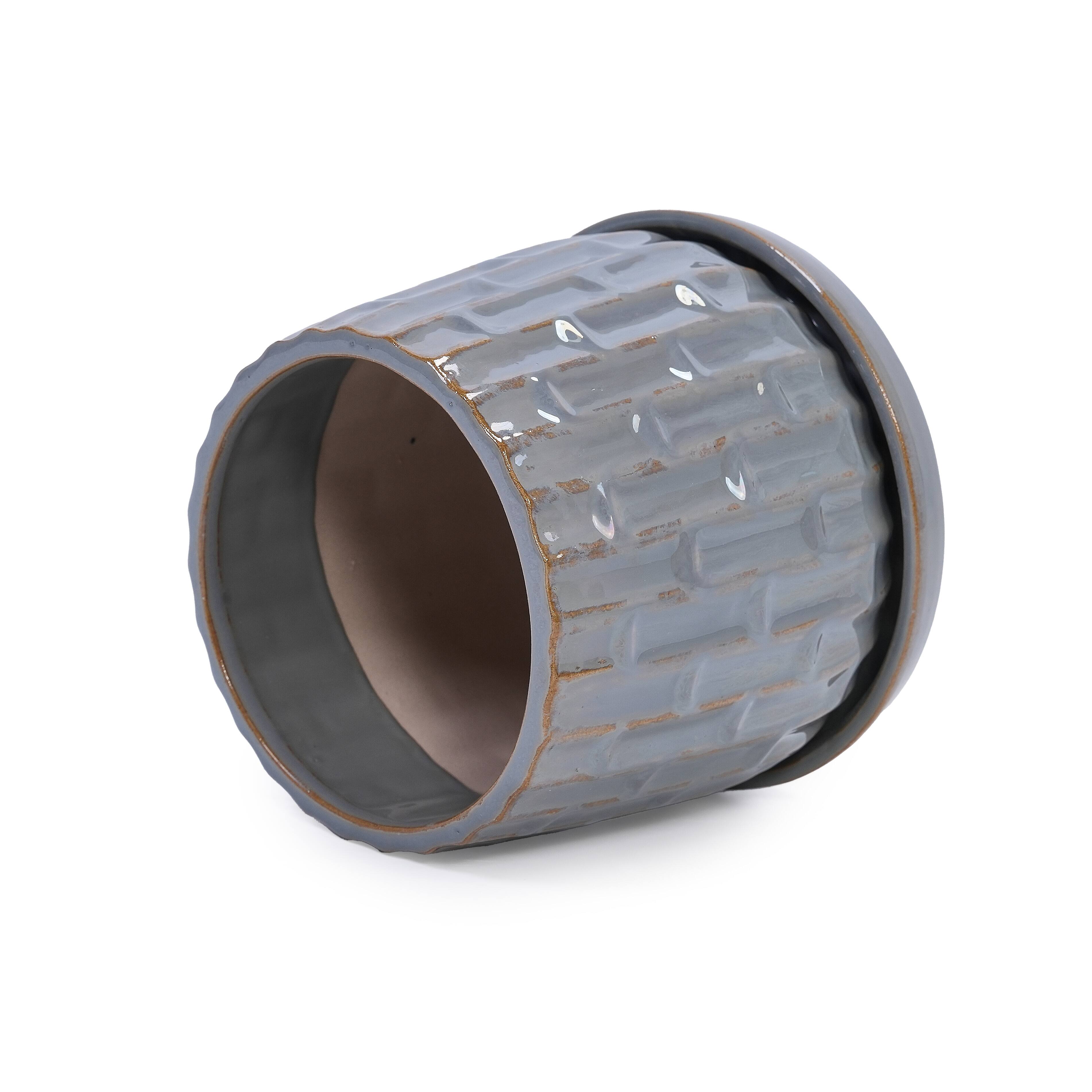 Alt View 5. Loheer - Ceramic Planter Set Loheer Handmade Gray Ribbed Clay Flower Pots with Saucers, 6in 8in Indoor Outdoor Herb Succulent.