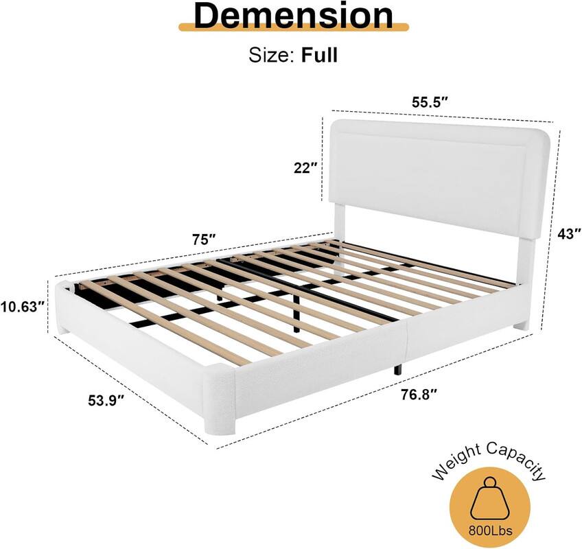 Dimension  
Size: Full  

- 55.5"  
- 22"  
- 75"  
- 43"  
- 10.63"  
- 53.9"  
- 76.8"  

Weight Capacity: 800Lbs