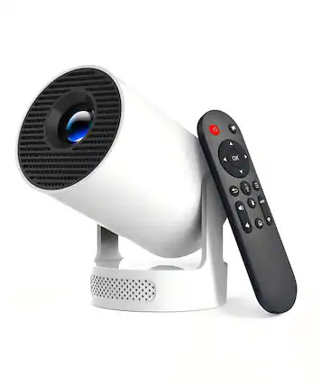 Front. PRIMEPLUS - Smart Mini Portable Projector, WiFi 6 & BT 5.4, 4K Support, 5W Speaker, Auto Keystone, 180° Rotatable for Home/Outdoor - White.