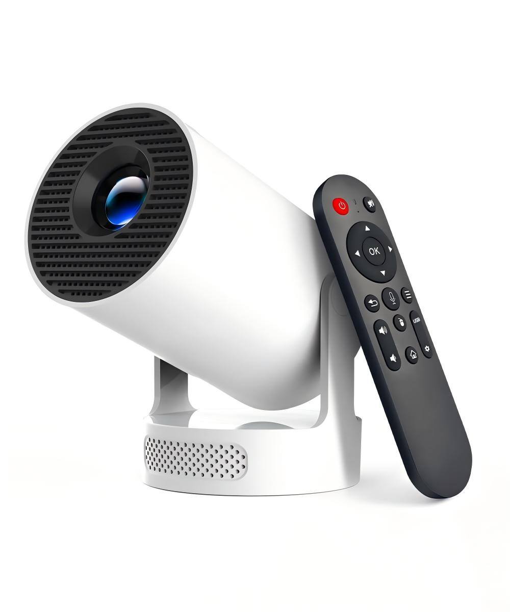 Front. PRIMEPLUS - Smart Mini Portable Projector, WiFi 6 & BT 5.4, 4K Support, 5W Speaker, Auto Keystone, 180° Rotatable for Home/Outdoor - White.