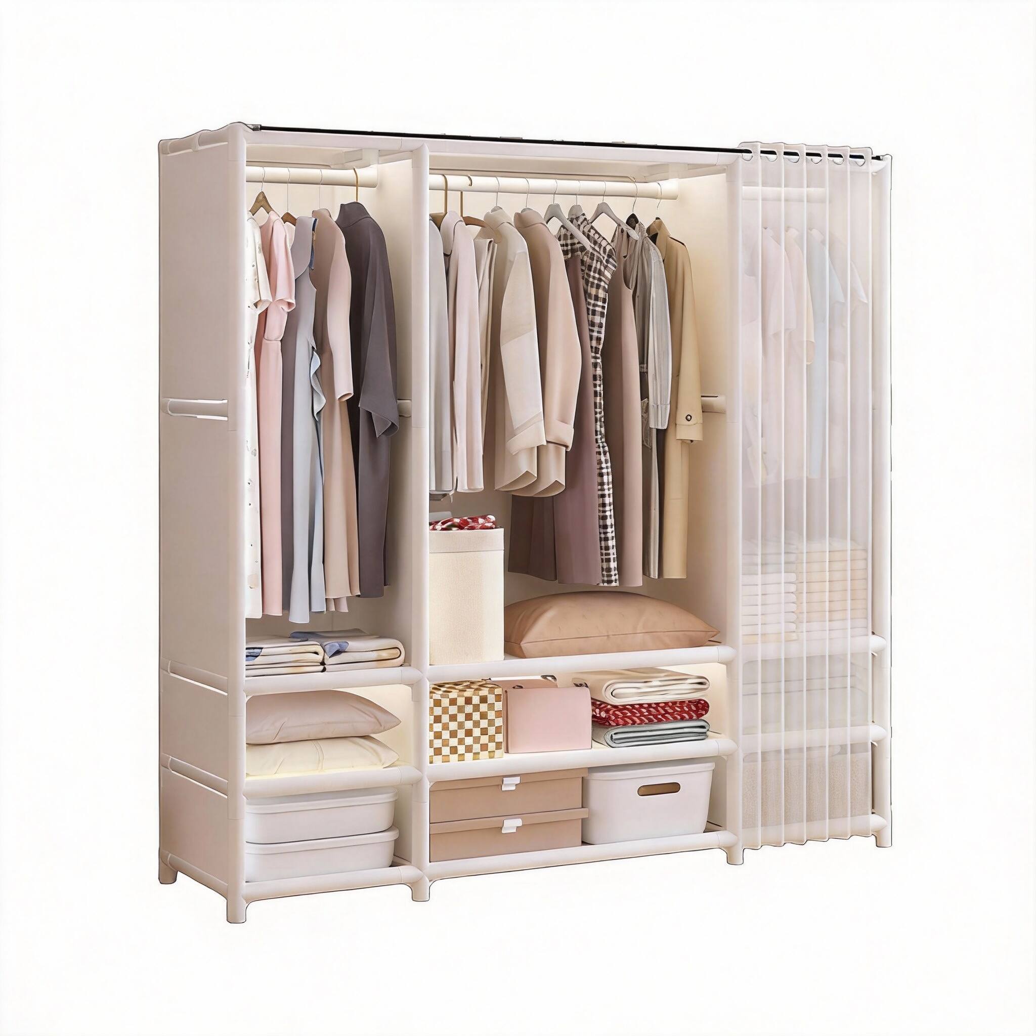 Front. PO3TICJUNKI3 - Portable Closet Wardrobe Heavy Duty Clothes Rack With Cover Style Garment Rods Shelves X W H - White 56.2" L.