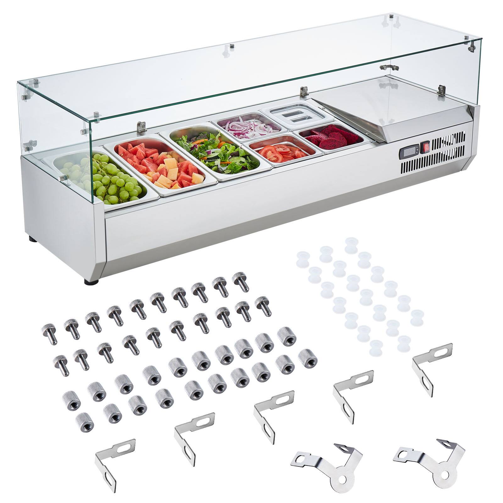 Alt View 5. VEVOR - Refrigerated Condiment Prep Station, 140 W Countertop Refrigerated Condiment Station, with 3 1/3 Pans & 4 1/6 Pans - Silver.