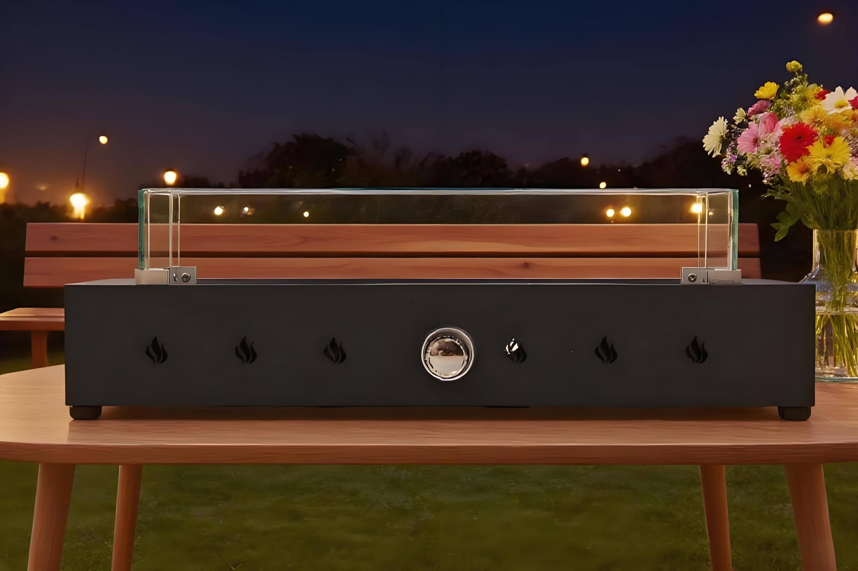 Back. APRILSOUL - 28-Inch Rectangle Fire Pit 40000BTU Outdoor Propane Fire Pit Wind-Resistant Firepits Durable Iron Volcanic Rock Design.