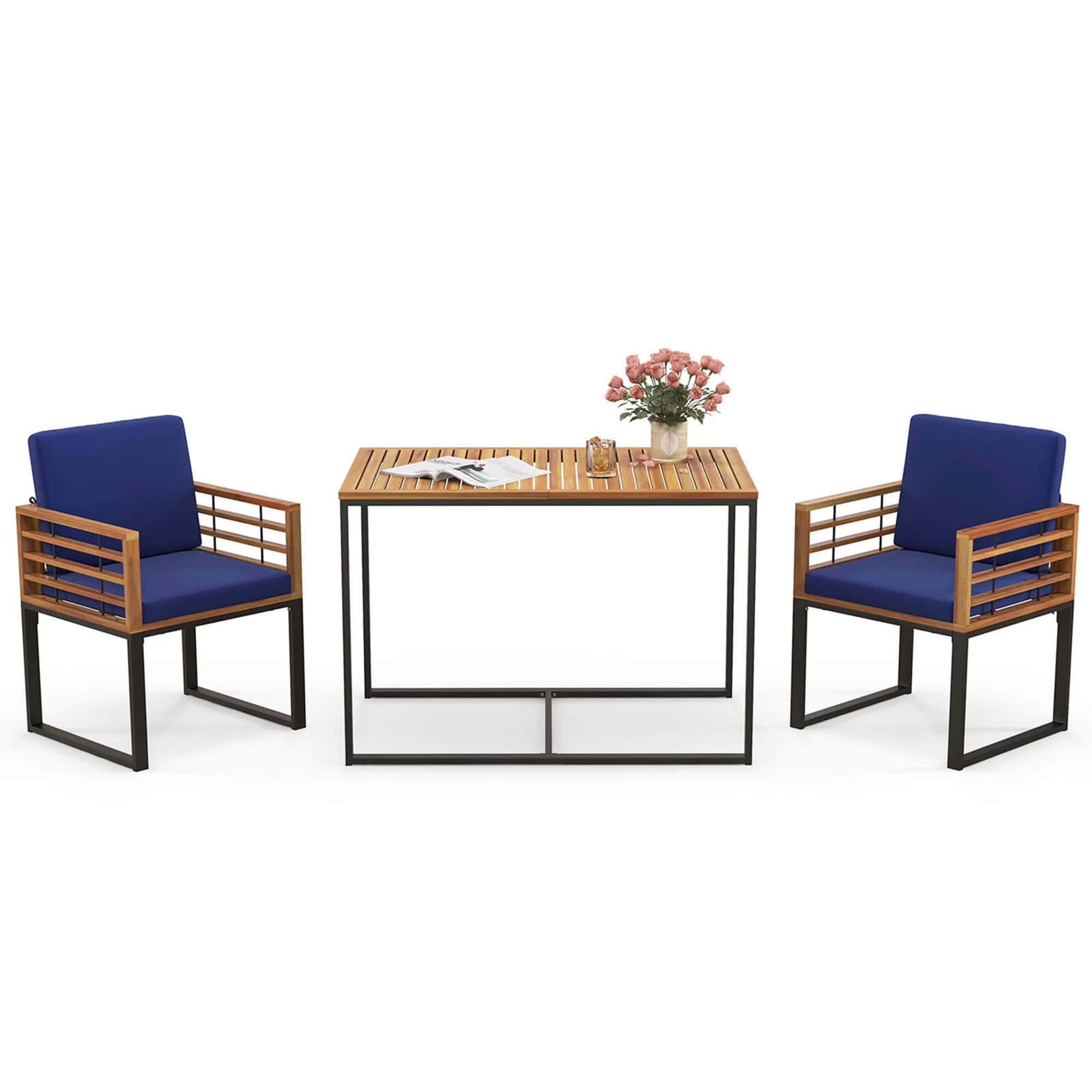 Costway - 3 PCS Patio Dining Table Set with Bistro Chairs Large Coffee Table Seat Cushions - Navy Blue