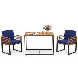 Costway - 3 PCS Patio Dining Table Set with Bistro Chairs Large Coffee Table Seat Cushions - Navy Blue