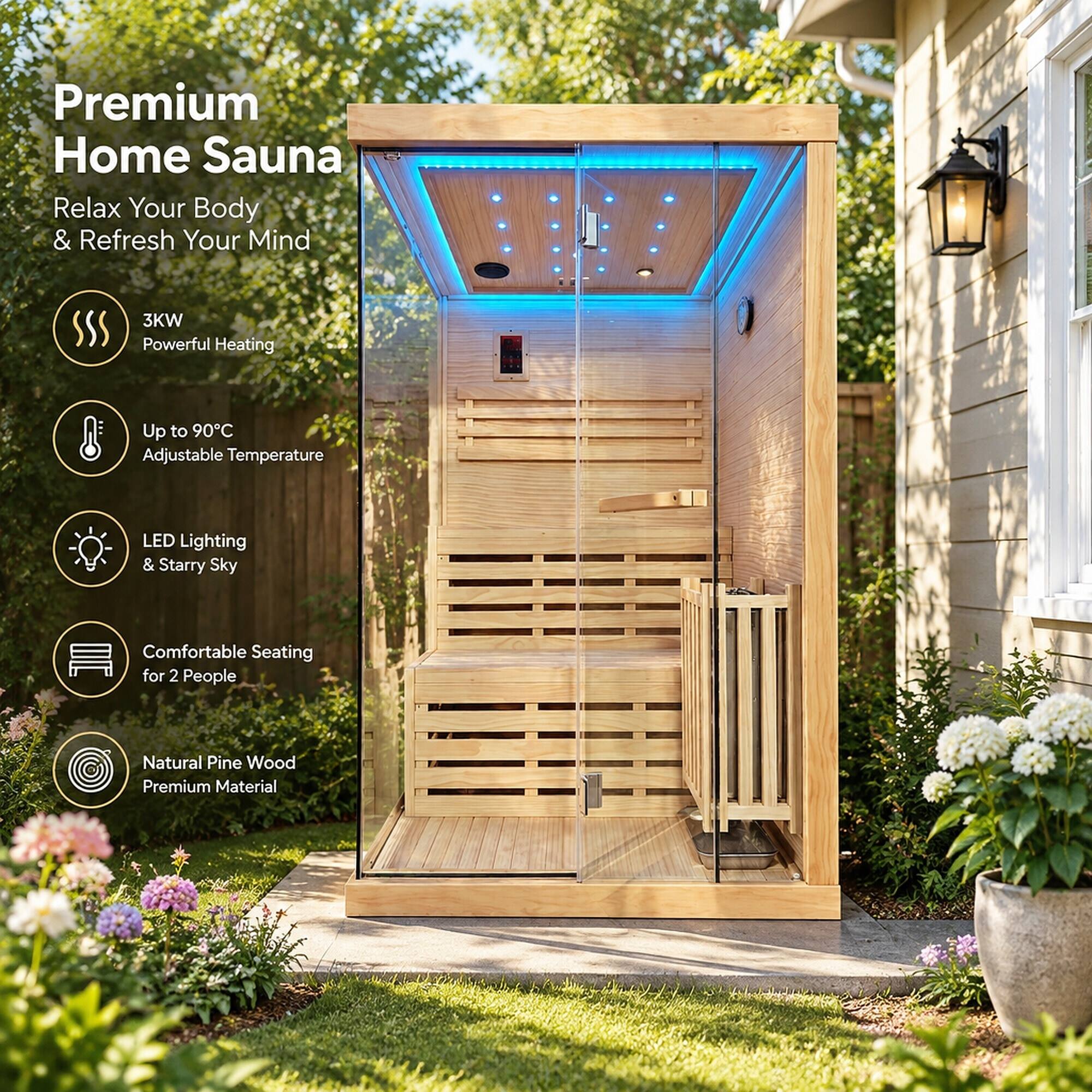 Premium Home Sauna  
Relax Your Body & Refresh Your Mind  

3KW Powerful Heating  
Up to 90°C Adjustable Temperature  
LED Lighting & Starry Sky  
Comfortable Seating for 2 People  
Natural Pine Wood Premium Material