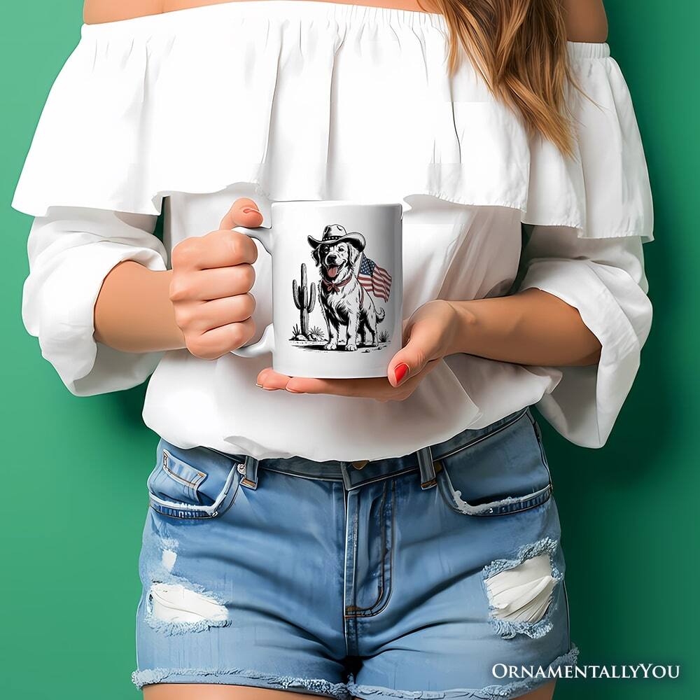 Left. OrnamentallyYou - American Cowboy Dog Mug, Western 4th of July Gift - White.