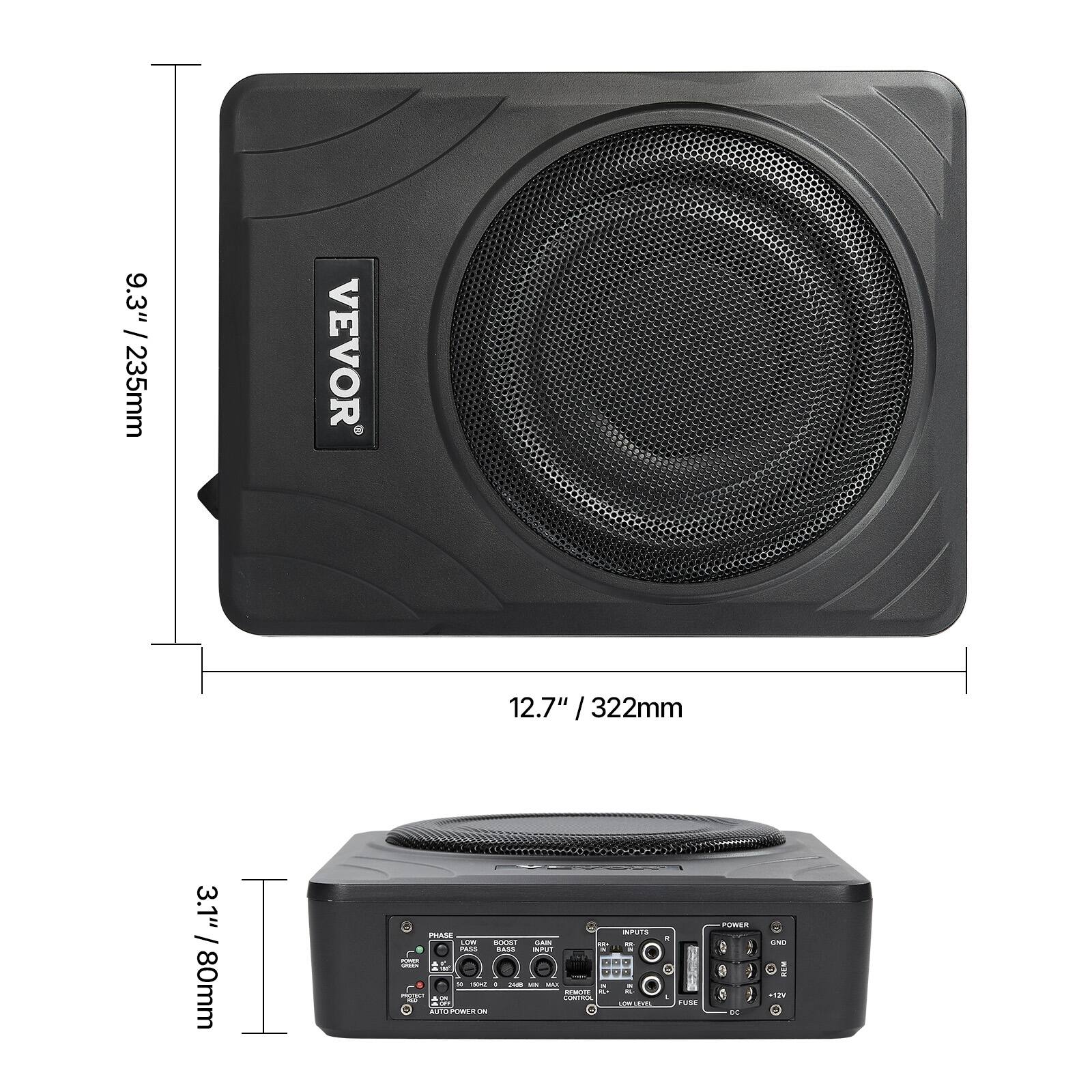 9.3" / 235mm  
12.7" / 322mm  
3.1" / 80mm  

VEVOR  

PHASE  
AUX  
MIC  
LINE IN  
RADIO  
CD  
USB  
TF  
AUX  
LINE OUT  
PHONES  
GND  
12V  
DC  

AUTO POWER ON