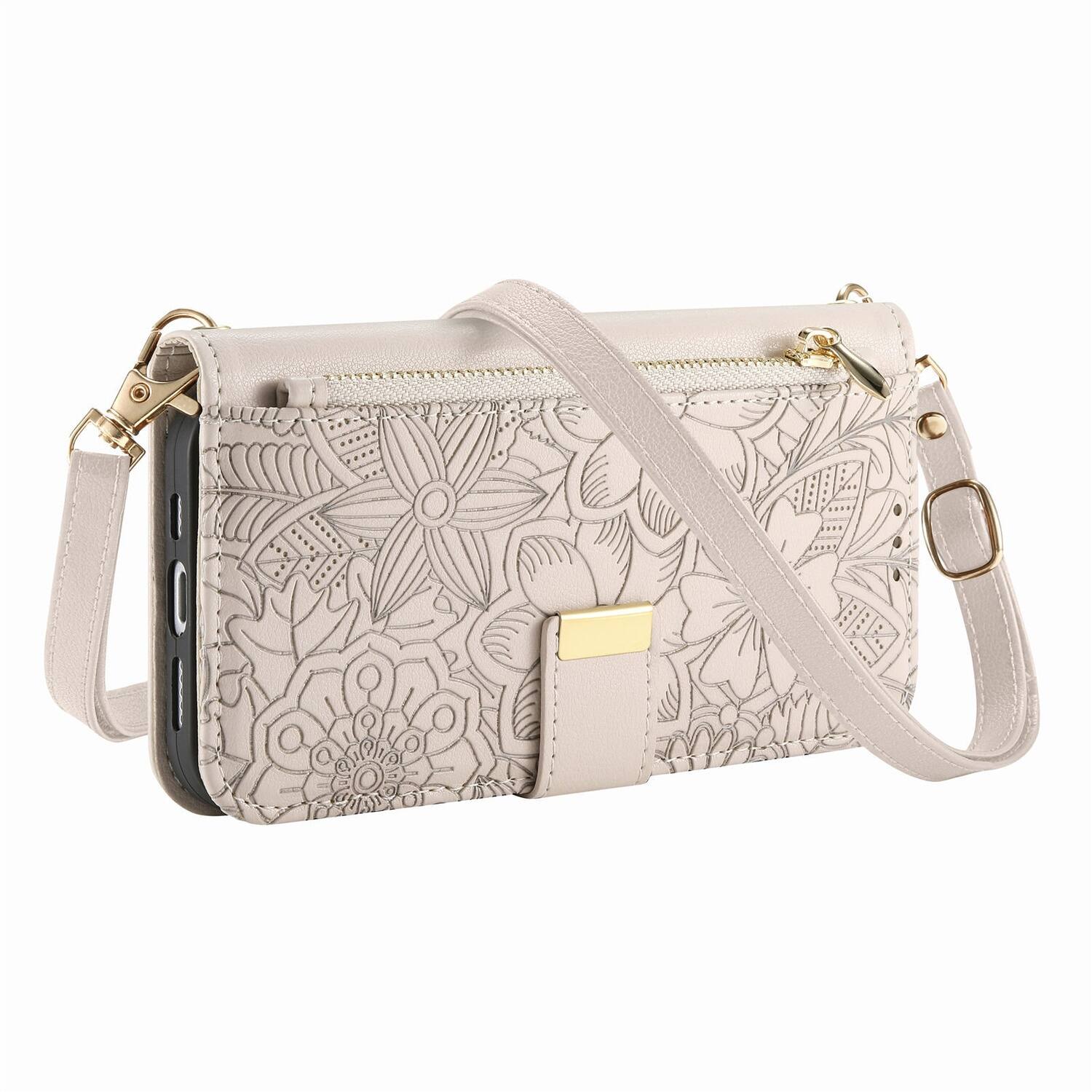 Alt View 7. Dteck - Floral Embossed Leather Zipper Cash Slot Wallet Case for Apple iPhone 16 with Detachable Strap - Beige.