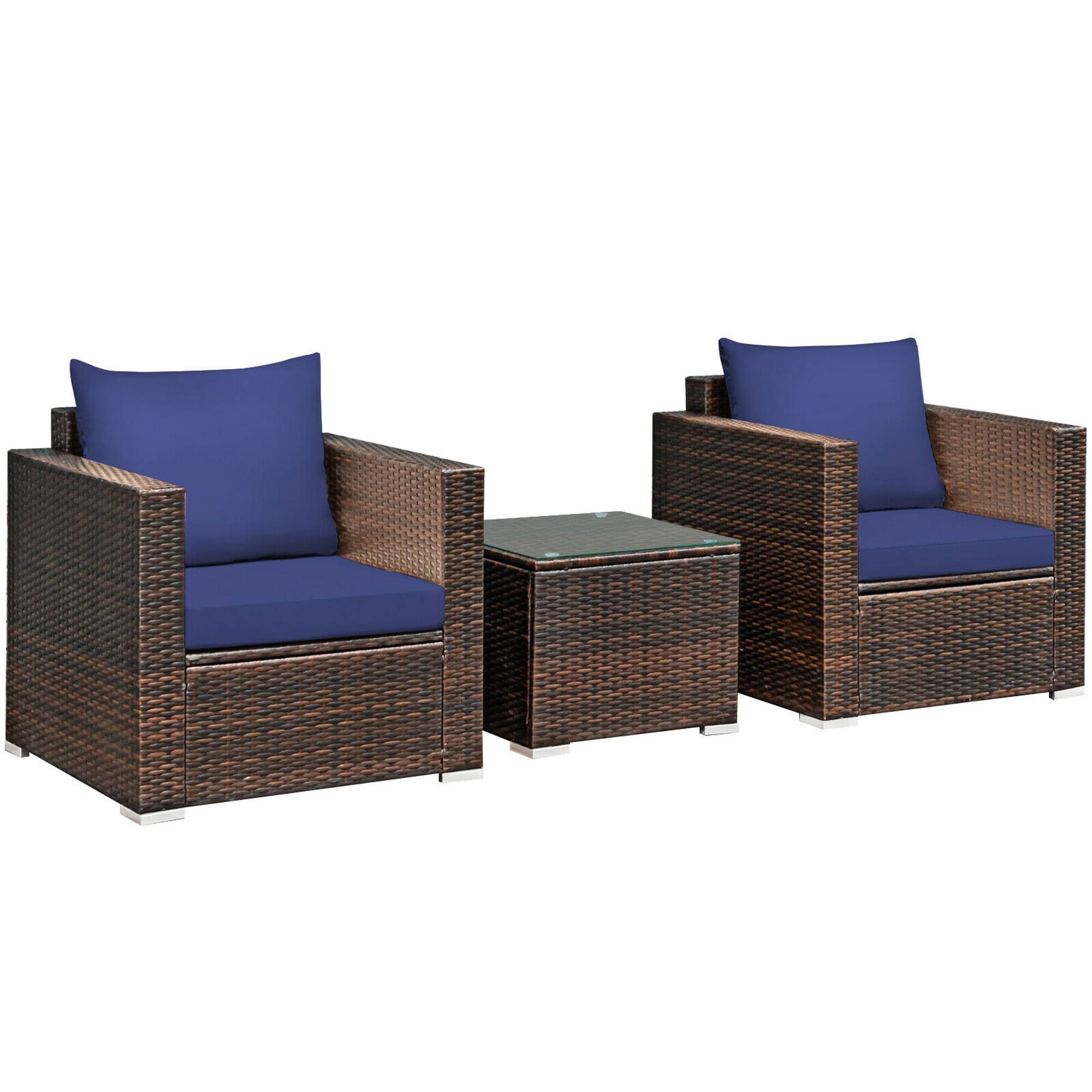 Alt View 1. Gymax - Gymax 3PCS Rattan Patio Outdoor Conversation Furniture Set w/ Navy Cushions - Navy.