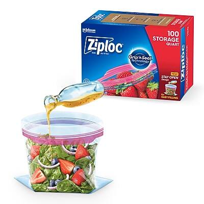Sure, here is the corrected and grouped text:

**Ziploc Grip 'n Seal Technology**

- **100 STORAGE QUART**
- **Grip 'n Seal Design**
- **STAY OPEN**
- **EASY FILLING**