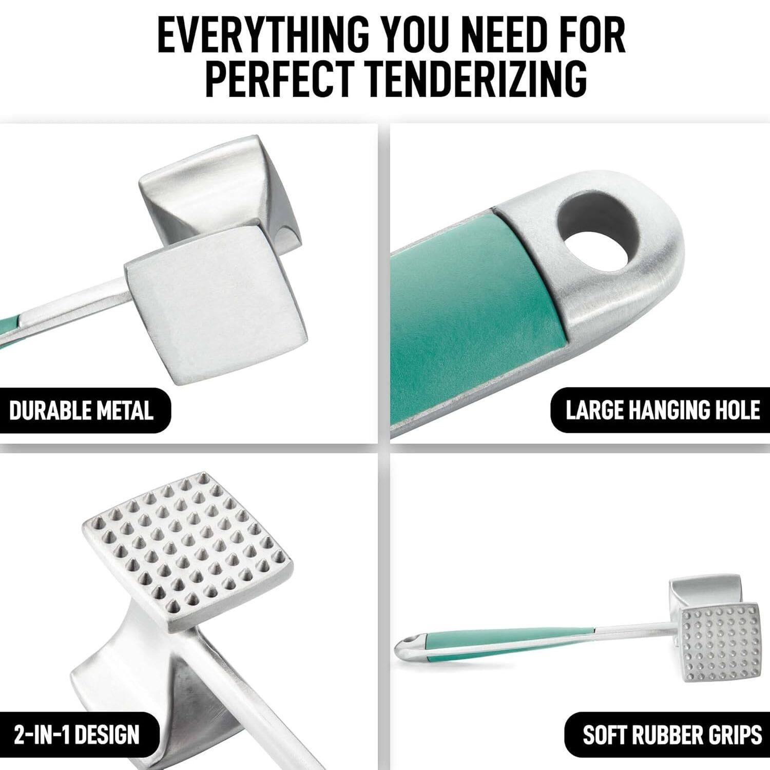 EVERYTHING YOU NEED FOR PERFECT TENDERIZING

DURABLE METAL
LARGE HANGING HOLE
2-IN-1 DESIGN
SOFT RUBBER GRIPS