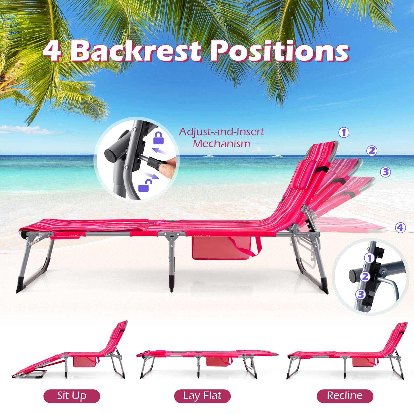 4 Backrest Positions  
Adjust-and-Insert Mechanism  
1 2 3 4  
1 Sit Up  
2 Lay Flat  
3 Recline