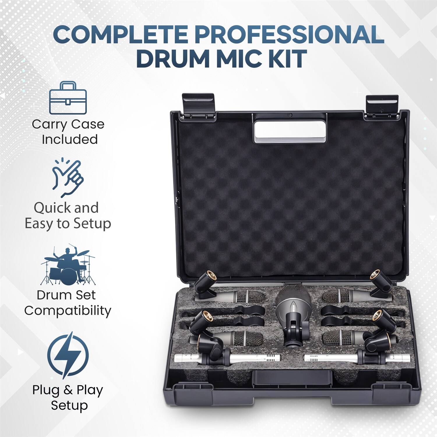COMPLETE PROFESSIONAL DRUM MIC KIT

- Carry Case Included
- Quick and Easy to Setup
- Drum Set Compatibility
- Plug & Play Setup