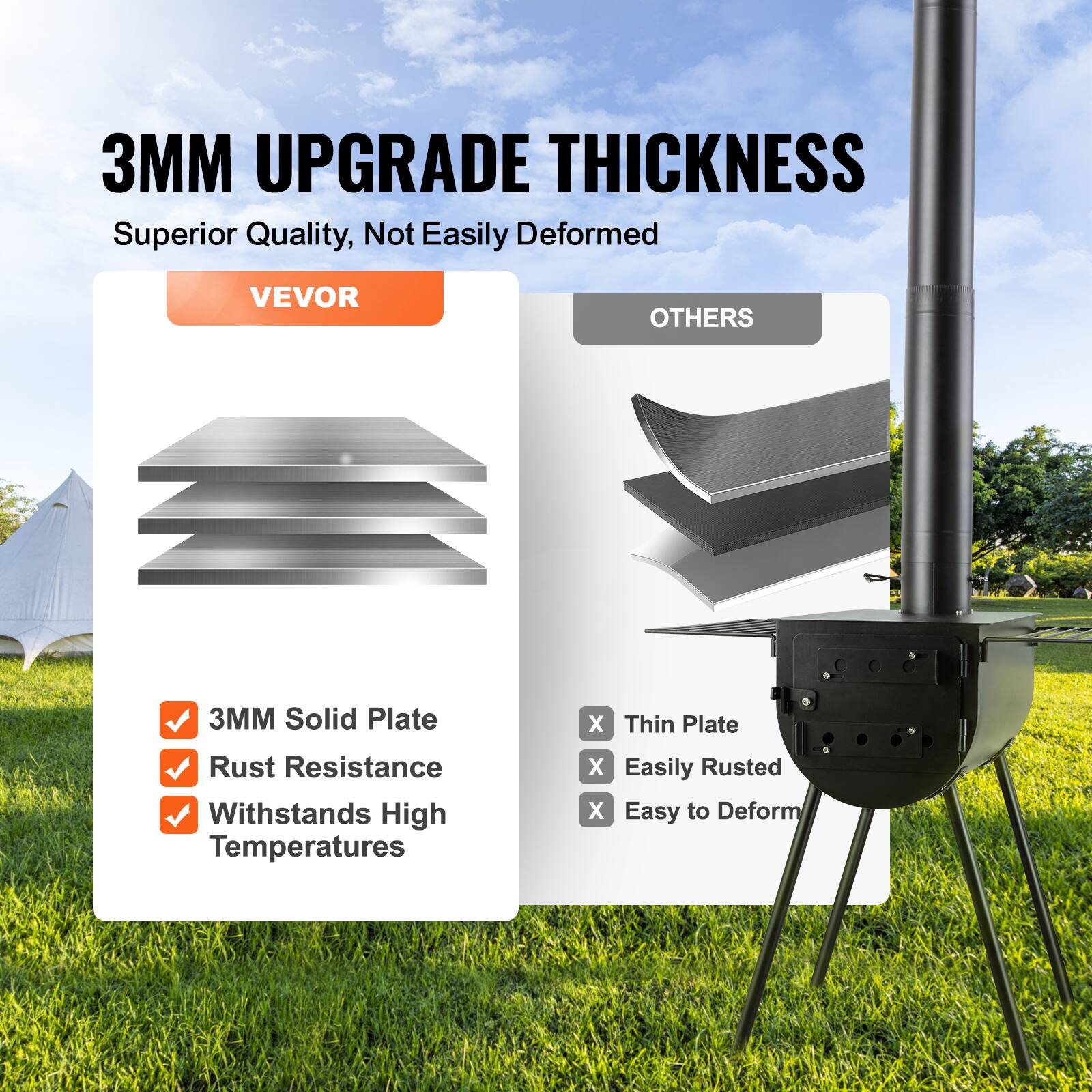 3MM UPGRADE THICKNESS  
Superior Quality, Not Easily Deformed  

VEVOR  
3MM Solid Plate  
Rust Resistance  
Withstands High Temperatures  

OTHERS  
Thin Plate  
Easily Rusted  
Easy to Deform