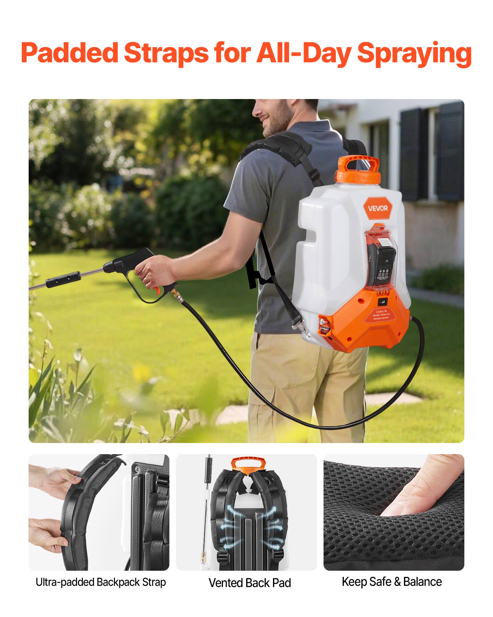 Padded Straps for All-Day Spraying
VEVOR ... CR FETE - - - i - - - - Ultra-padded Backpack Strap Vented Back Pad Keep Safe & Balance