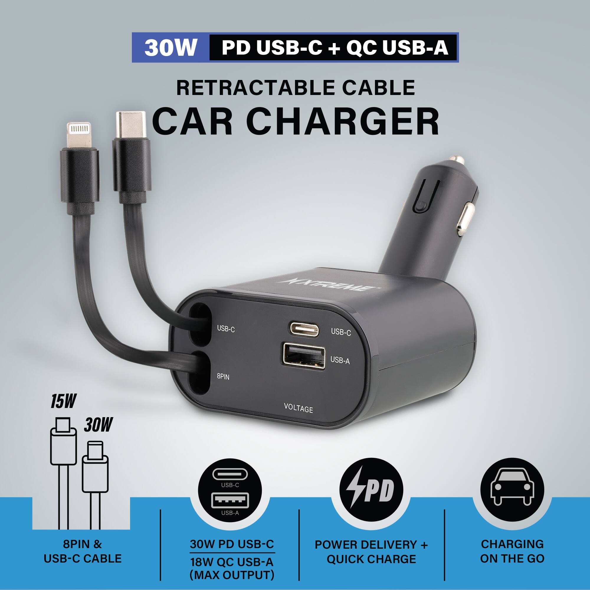 30W PD USB-C + QC USB-A RETRACTABLE CABLE CAR CHARGER

- 30W PD USB-C
- 18W QC USB-A (MAX OUTPUT)
- 15W
- 8PIN & USB-C CABLE
- POWER DELIVERY + QUICK CHARGE
- CHARGING ON THE GO