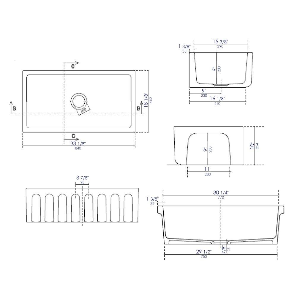 Sure, here is the corrected and grouped text from the image:

---

**Top Left Diagram:**
- A: 1 3/8"
- B: 15 3/8"
- C: 33 1/8"

**Top Right Diagram:**
- 1 3/8" 35
- 15 3/8" 390
- 9" 230
- 16 1/8" 410

**Bottom Left Diagram:**
- 3 7/8" 98
- 11" 280

**Bottom Right Diagram:**
- 3 3/8" 35
- 30 1/4" 770
- 29 1/2" 750

---

This should reflect the measurements and labels as they appear in the image.