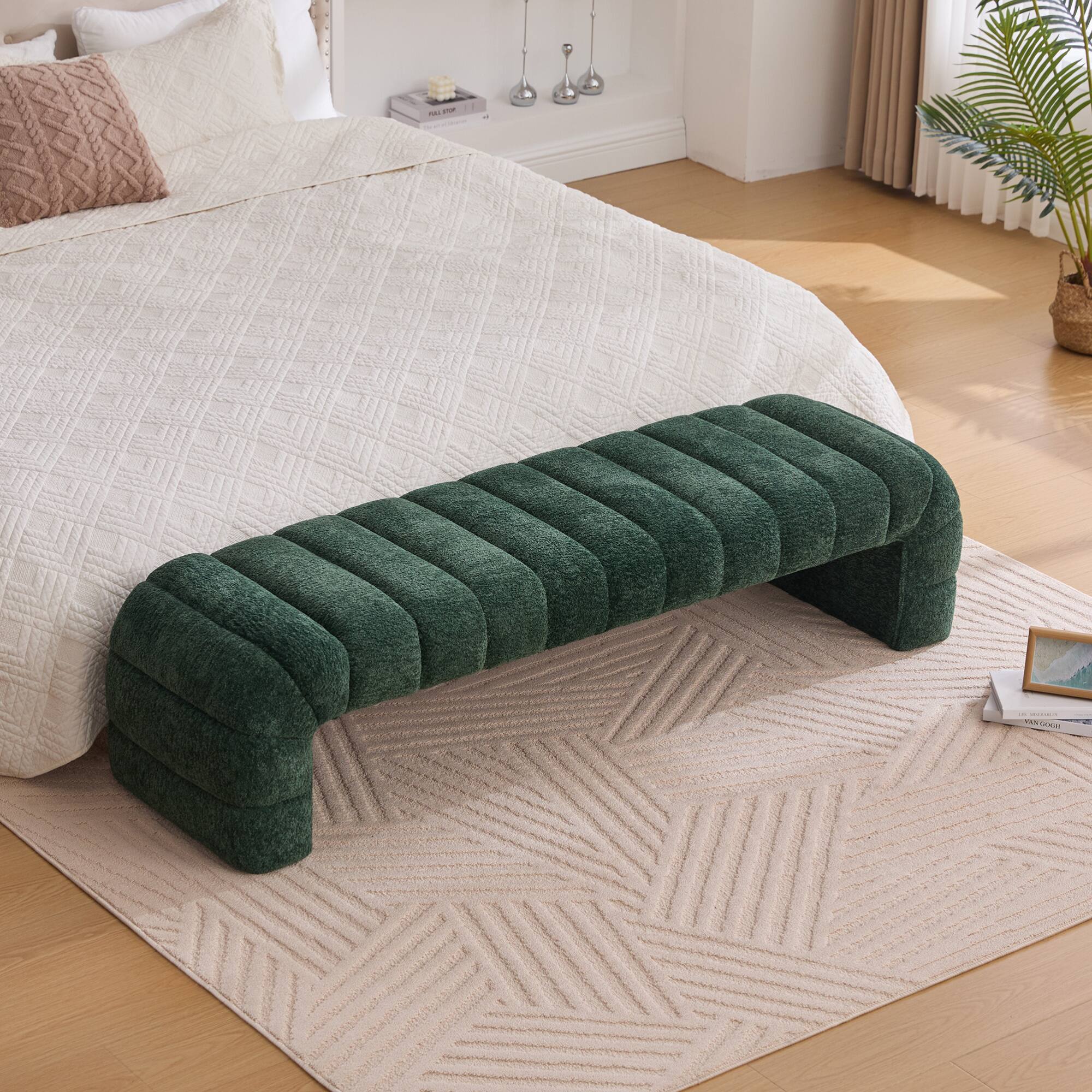 Angle. GOODSILO - Modern Upholstered Armless Bed Bench with Channel Tufted Design, Multi-Functional Chenille Ottoman Foot Stool - Green.