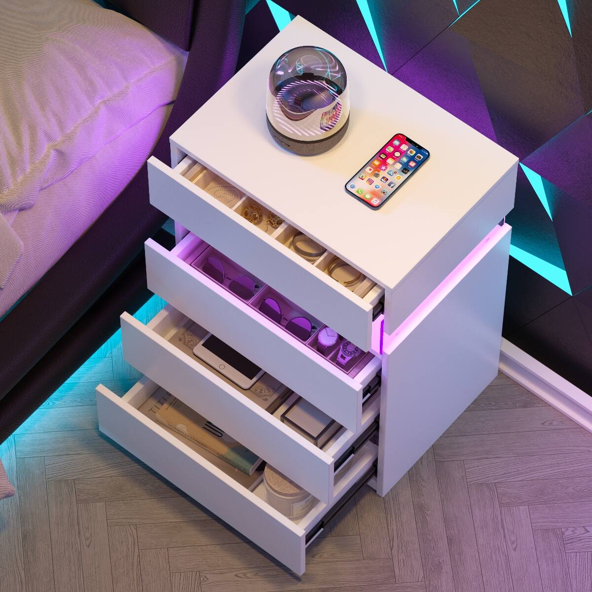 Alt View 1. Loheer - Loheer White LED Nightstand, Four Drawer Bedside Table with Adjustable Multicolor Lights - White.