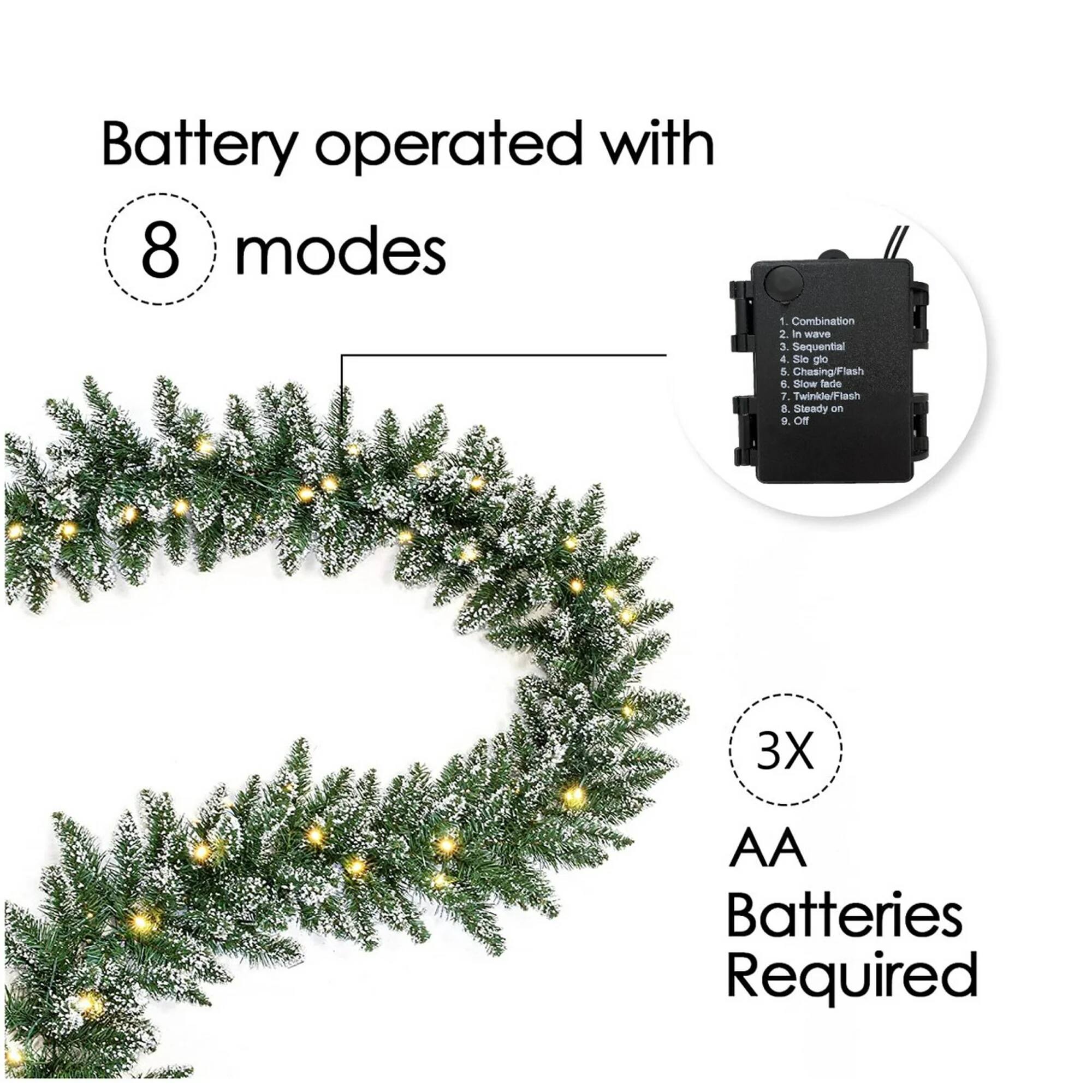 Battery operated with 8 modes:

1. Combination
2. In wave
3. Sequential
4. Chasing/Flash
5. Slow fade
6. Twinkle/Flash
7. Steady on
8. Off

3X AA Batteries Required