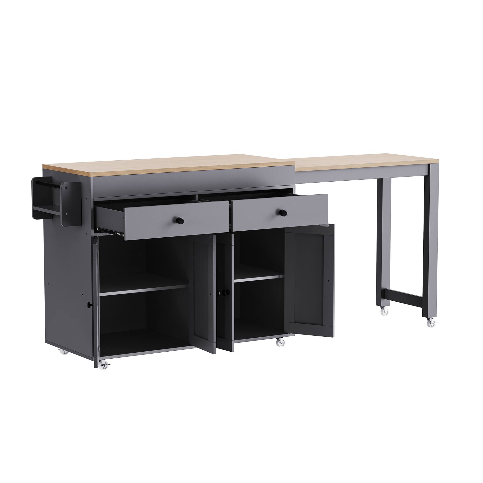 Alt View 8. Forest'nSky - Kitchen Island on Wheels, 74.5 inch with Extendable Dining Table, 4 Door Cabinet, 2 Drawers & Spice Rack, White - Grey.