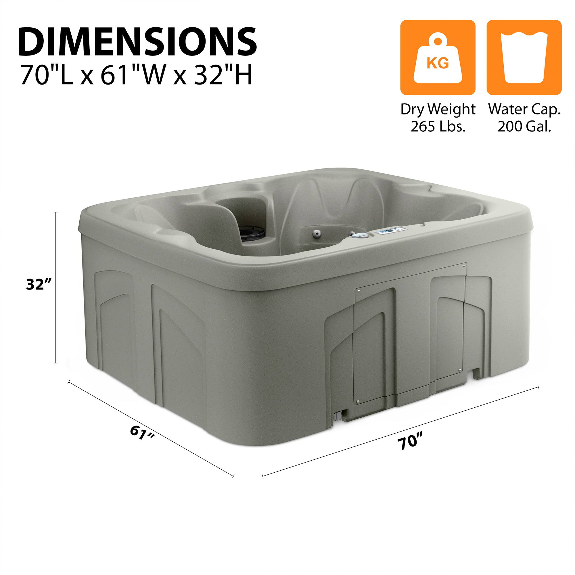 DIMENSIONS  
70"L x 61"W x 32"H  

Dry Weight: 265 Lbs.  
Water Cap.: 200 Gal.