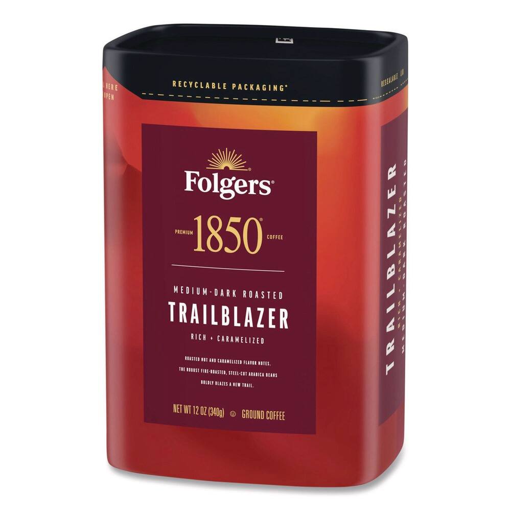 Folgers 1850 Premium Coffee  
Medium-Dark Roasted  
Trailblazer  
Rich + Caramelized  
Roasted hot and caramelized flavor notes.  
The robust, fire-roasted, steel-cut aroma boldly blazes a new trail.  
Net WT 12 oz (340g)  
Ground Coffee  

Recyclable Packaging