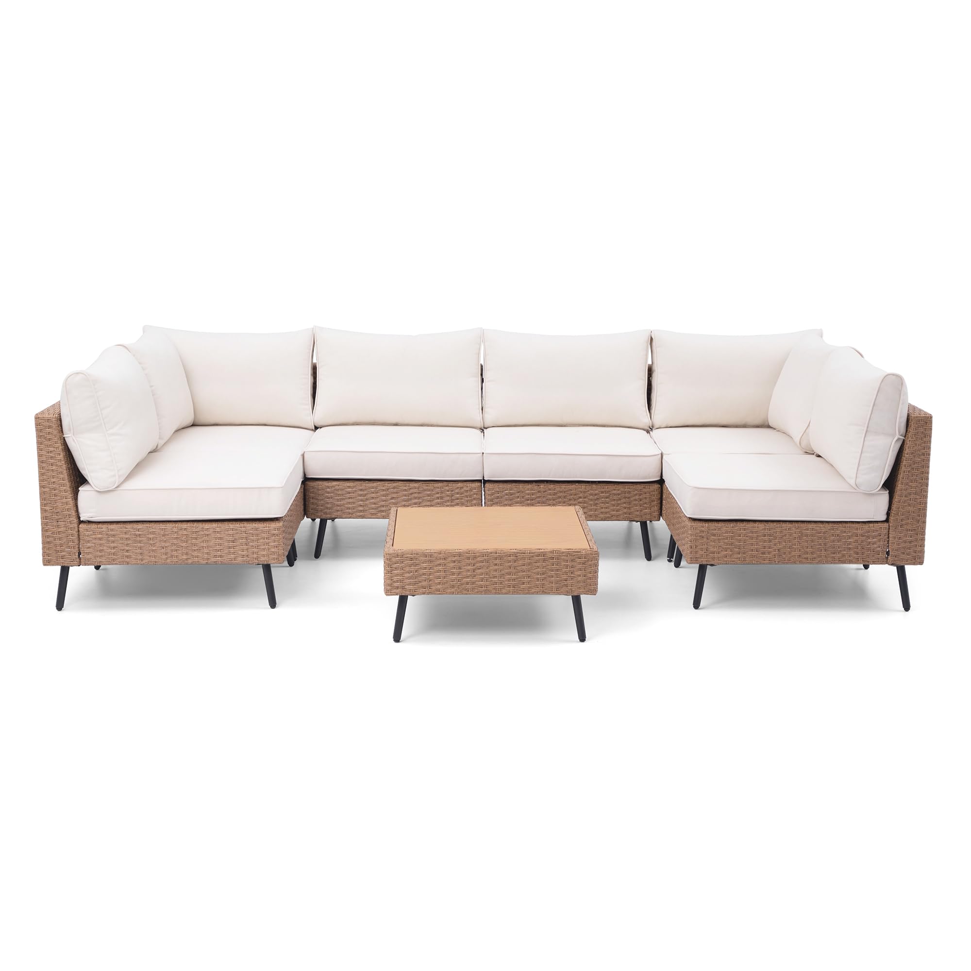 Angle. Yardgrace - 7 Piece Outdoor Patio PE Rattan Wicker Sectional Conversation Set Cushions 2 Corner 4 Armless Chairs Coffee Table Grey - Beige.