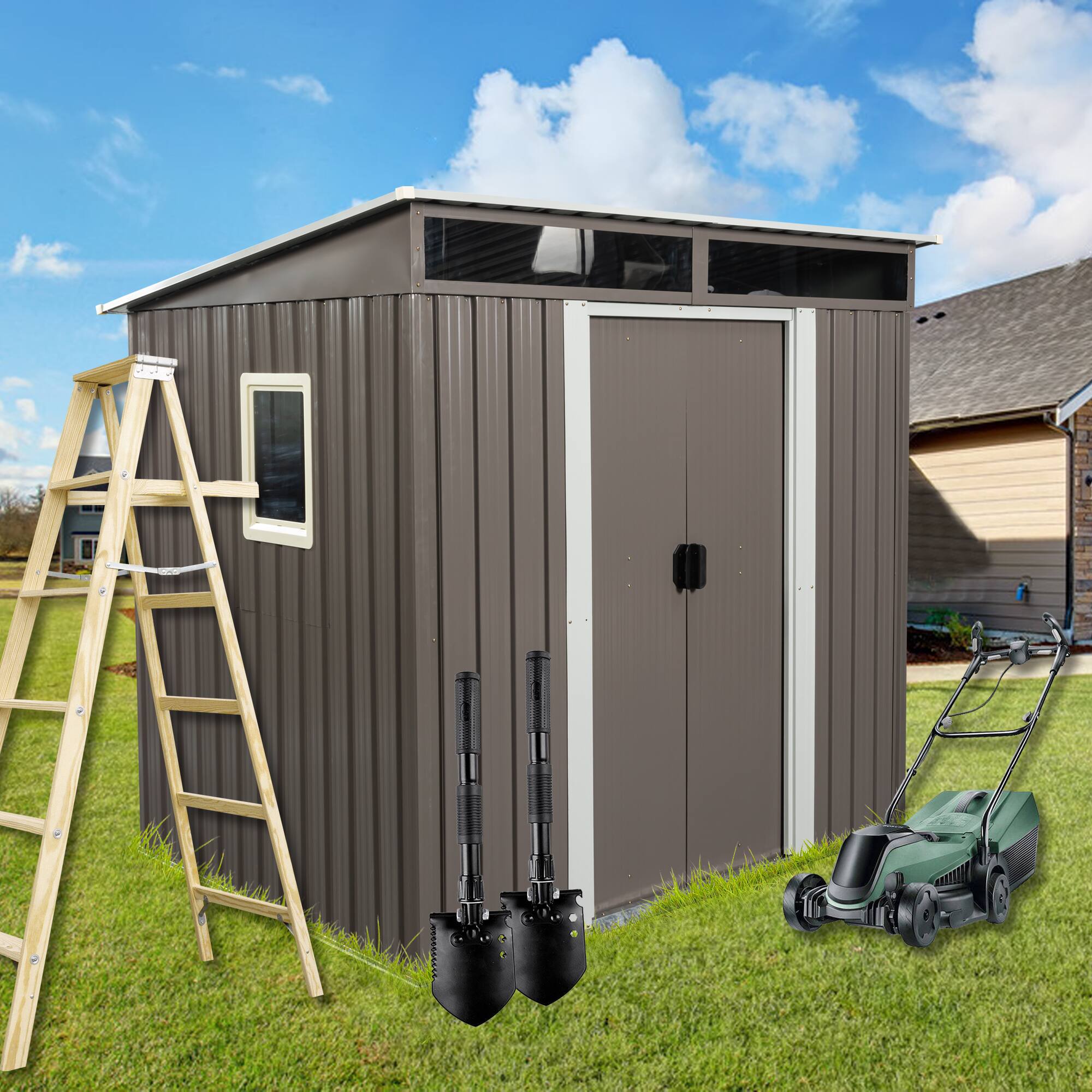 Angle. Mondawe - 6ft x 5ft Outdoor Metal Storage Shed With foundation and window - Gray.