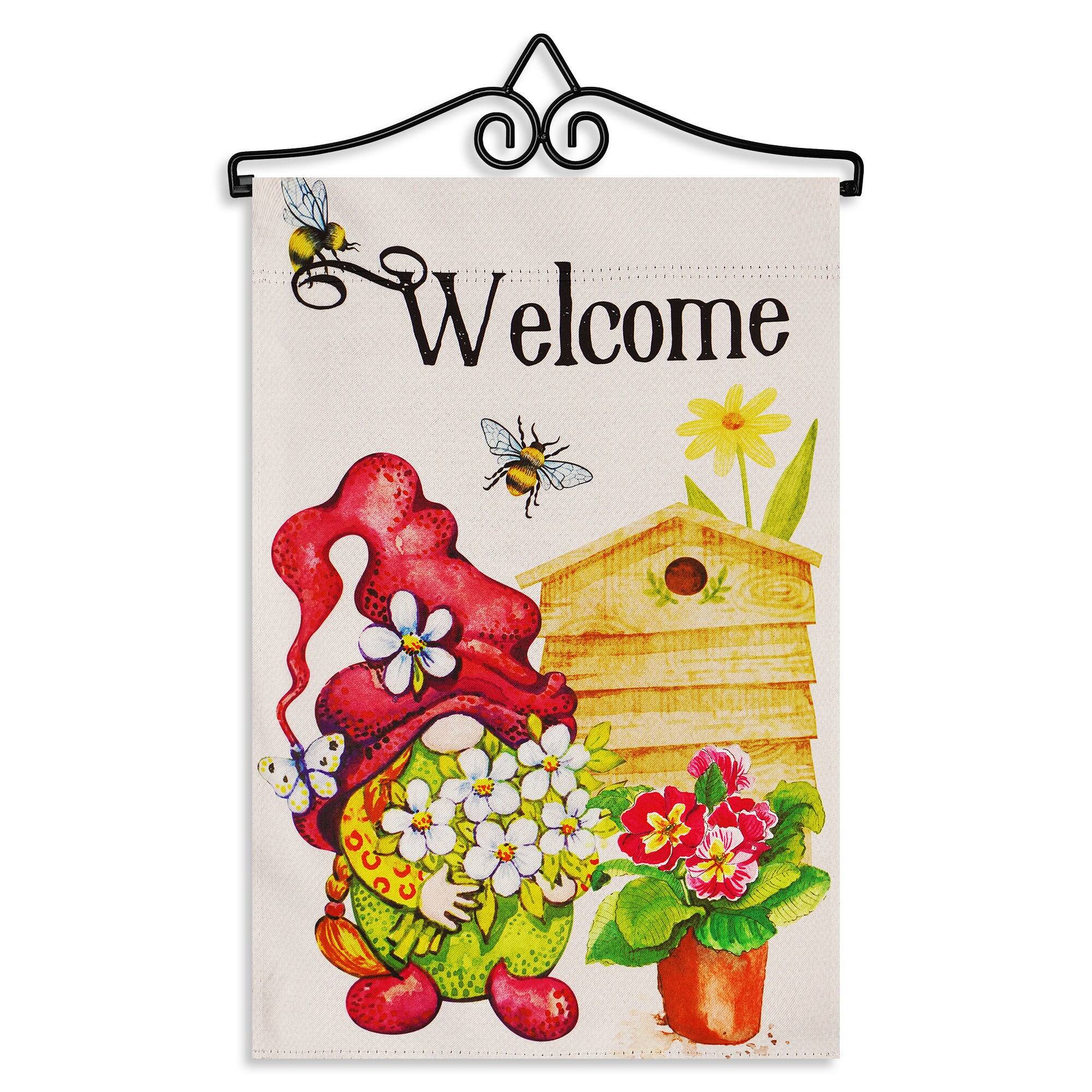 Front. G128 - Combo Garden Flag Hanger 14.2in with 12x18in Double-Sided Blockout Welcome Gnome Flag. - Multicolor.