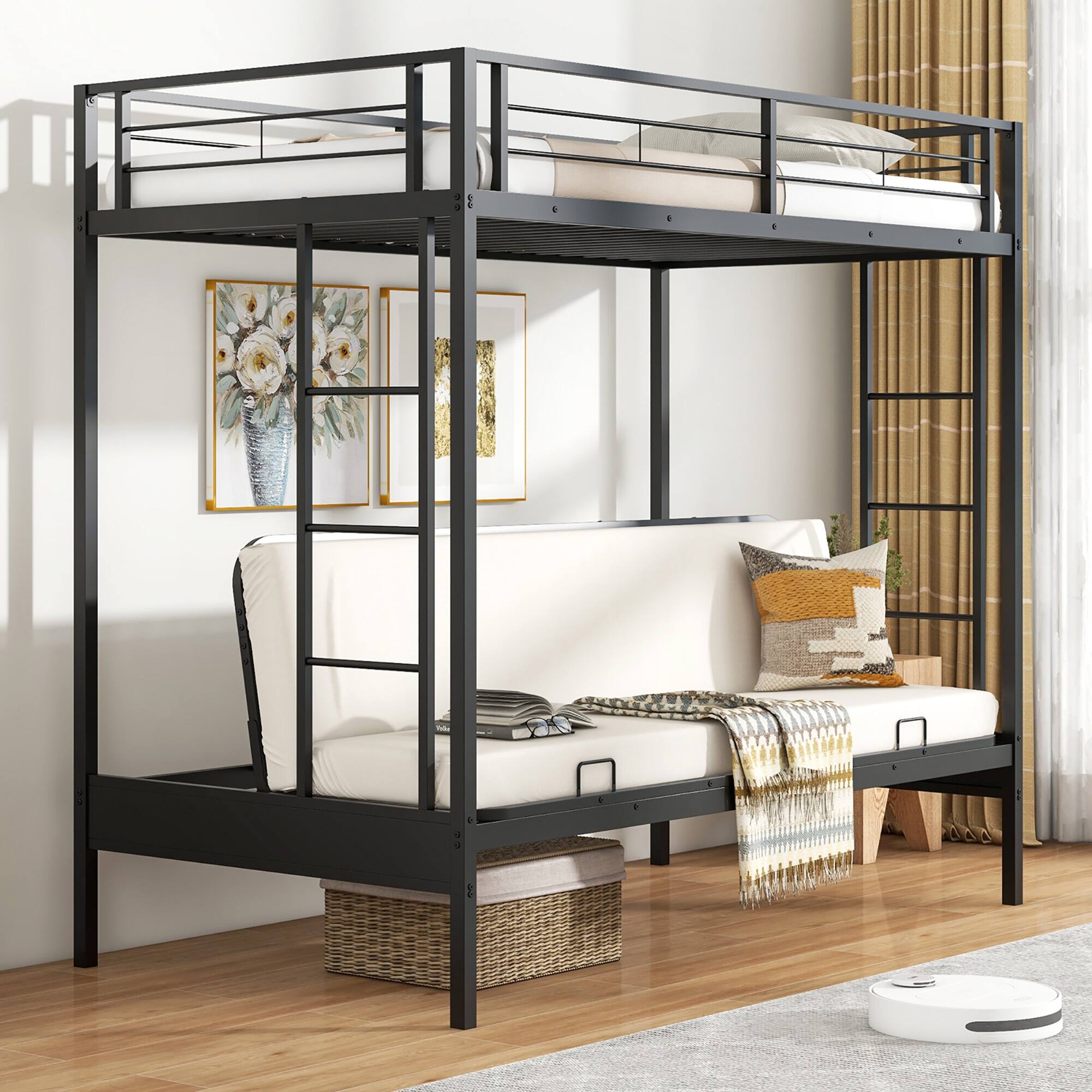 Alt View 1. Gymax - Gymax Twin Over Futon Bunk Bed Convertible Couch & Bed w/ Safety Guardrails - Black.